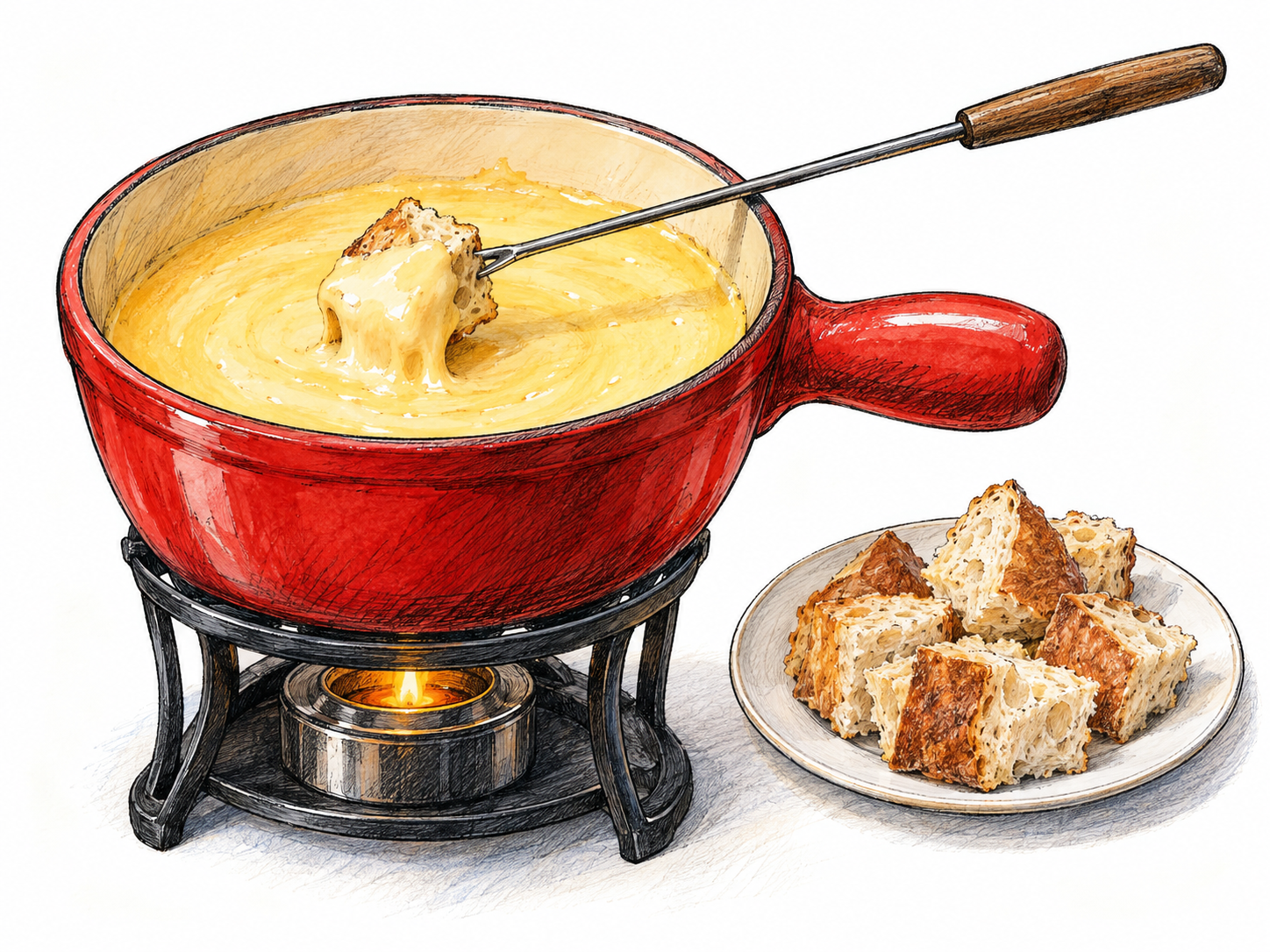 A cheese-fondue pot on a small warming stand, with a bread cube on a long fondue fork resting across the rim, its lower corner dipped into the melted cheese.