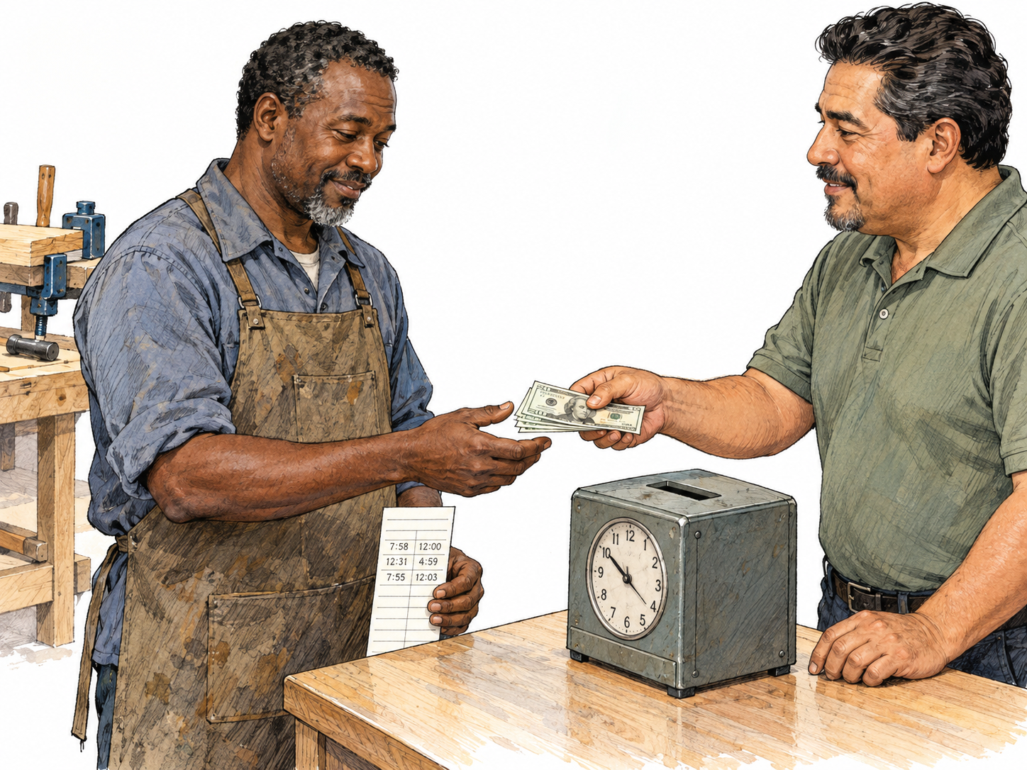 A workshop employee receives cash pay from a supervisor beside a punched timecard and time clock, connecting the payment to recorded working hours.
