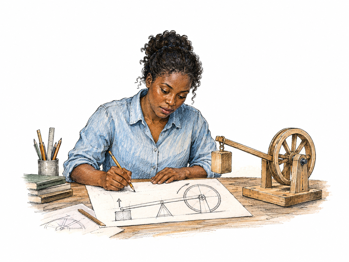 Inventor sketches a simple lever-and-wheel solution beside a working small wooden prototype, pencil drawing diagram only, active planning/invention clear.