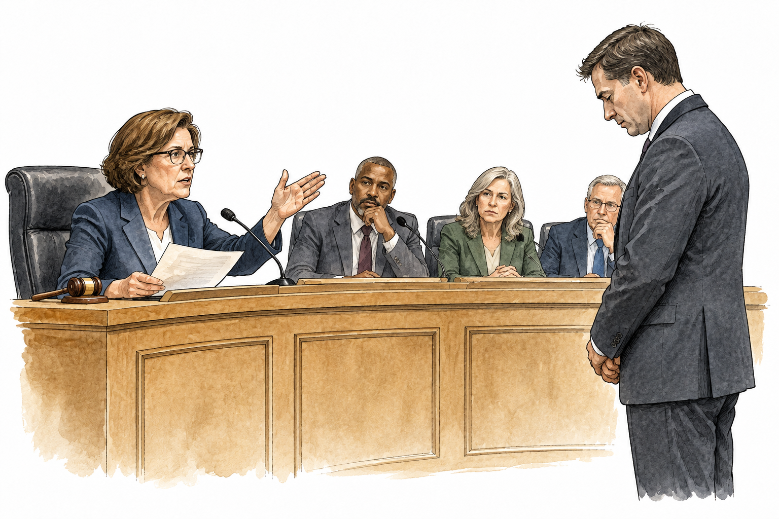 City council chair formally expresses disapproval to an official standing before seated council, serious calm expressions.