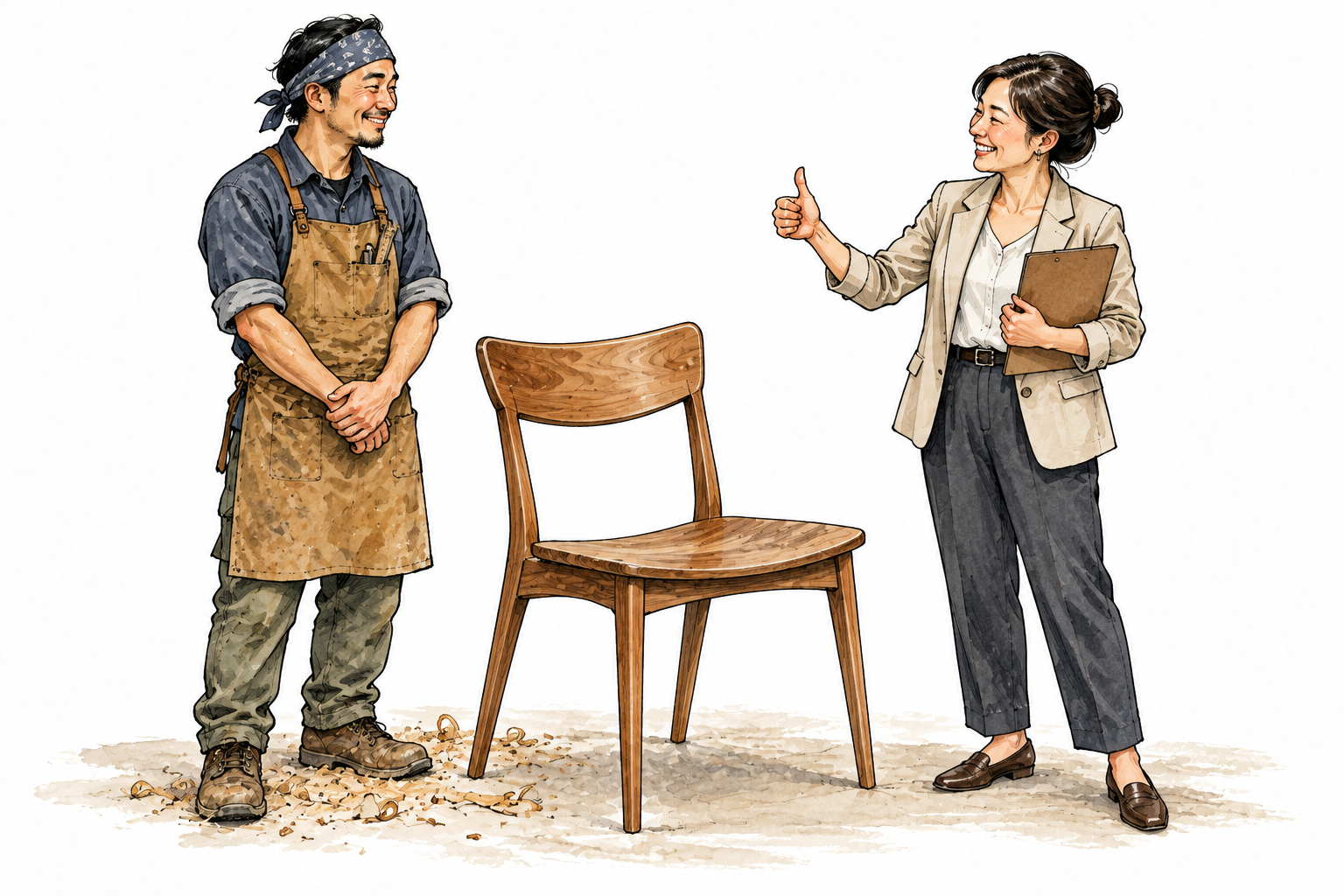 Asian woman supervisor accepts finished chair with approving smile and thumbs-up, craftsperson beside it.