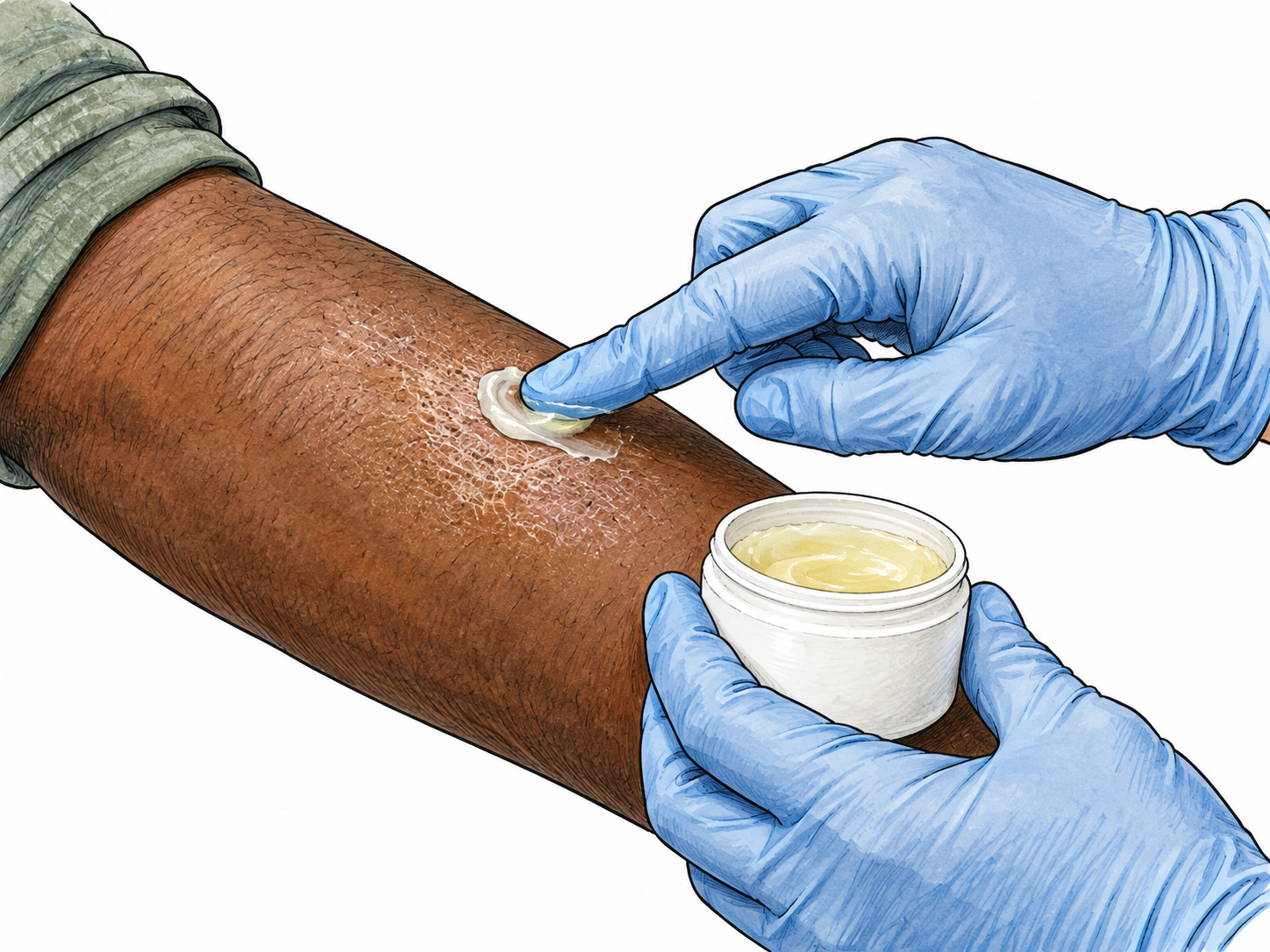 Close view of a gloved adult hand spreading a small dab of greasy medicinal ointment from a plain open jar onto a small dry patch of forearm.