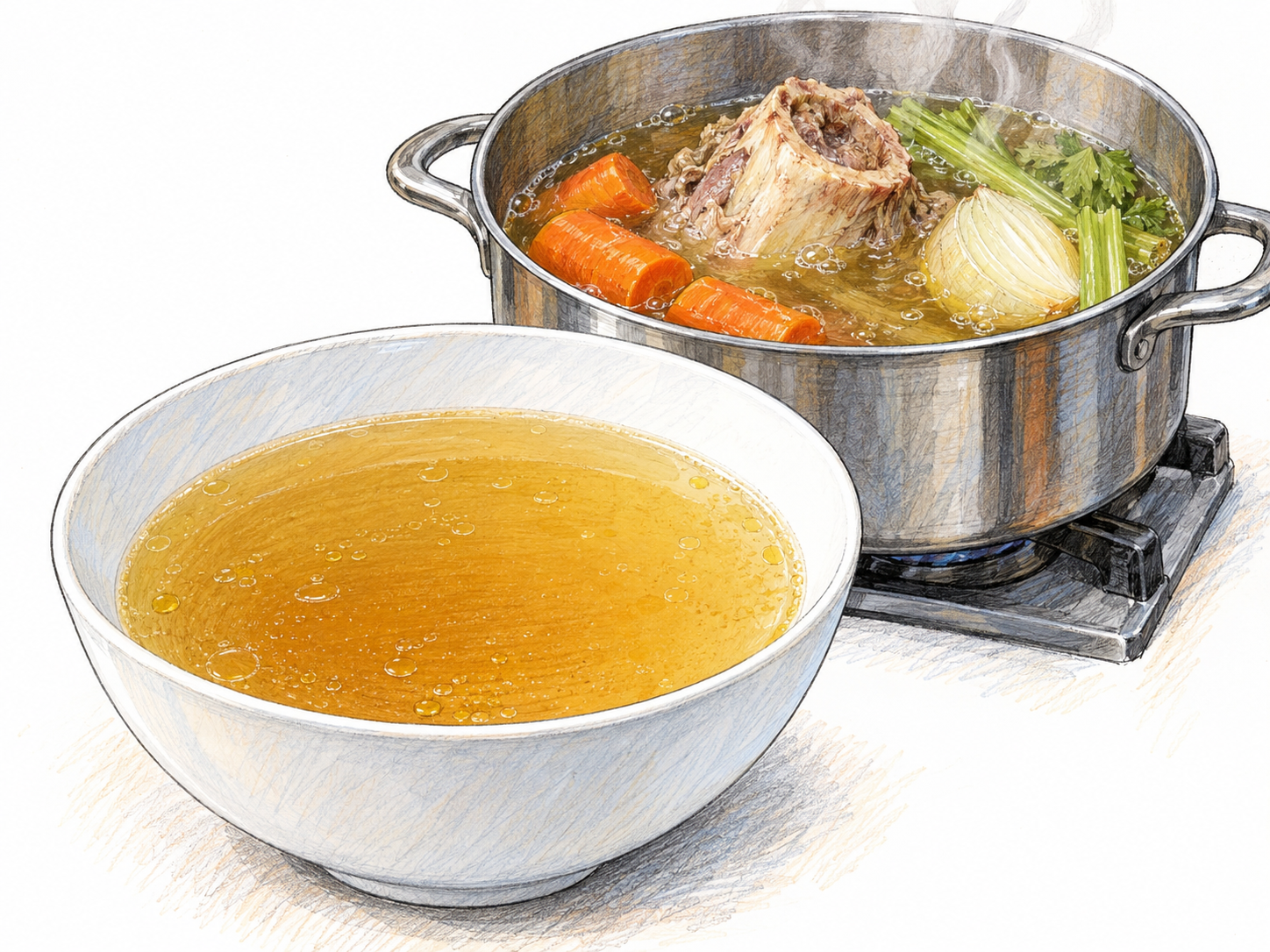 A pot of gently simmering bones and vegetables beside a bowl of clear golden broth, emphasizing the savory liquid rather than a chunky soup.