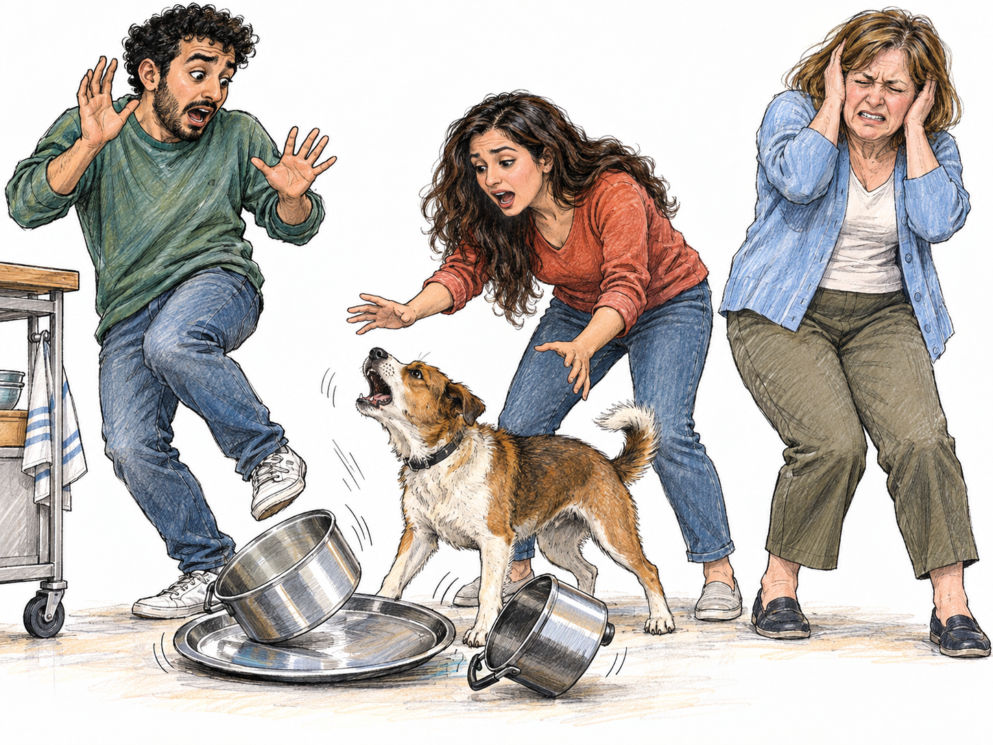 A noisy domestic commotion: two adults react with open-mouthed alarm as a dog barks beside a fallen metal tray and scattered pans, while a third adult covers both ears.