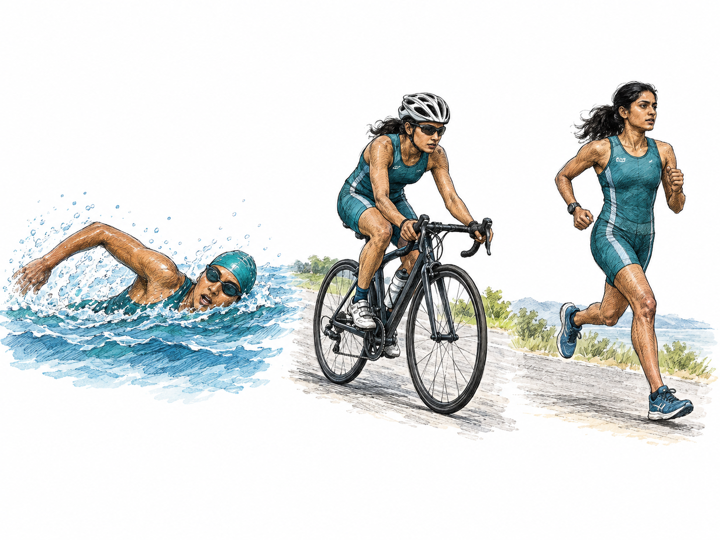 Three linked sport vignettes of one triathlete: swimming freestyle in a small water strip, cycling a road bicycle with helmet, then running; three phases left to right with no arrows or text.