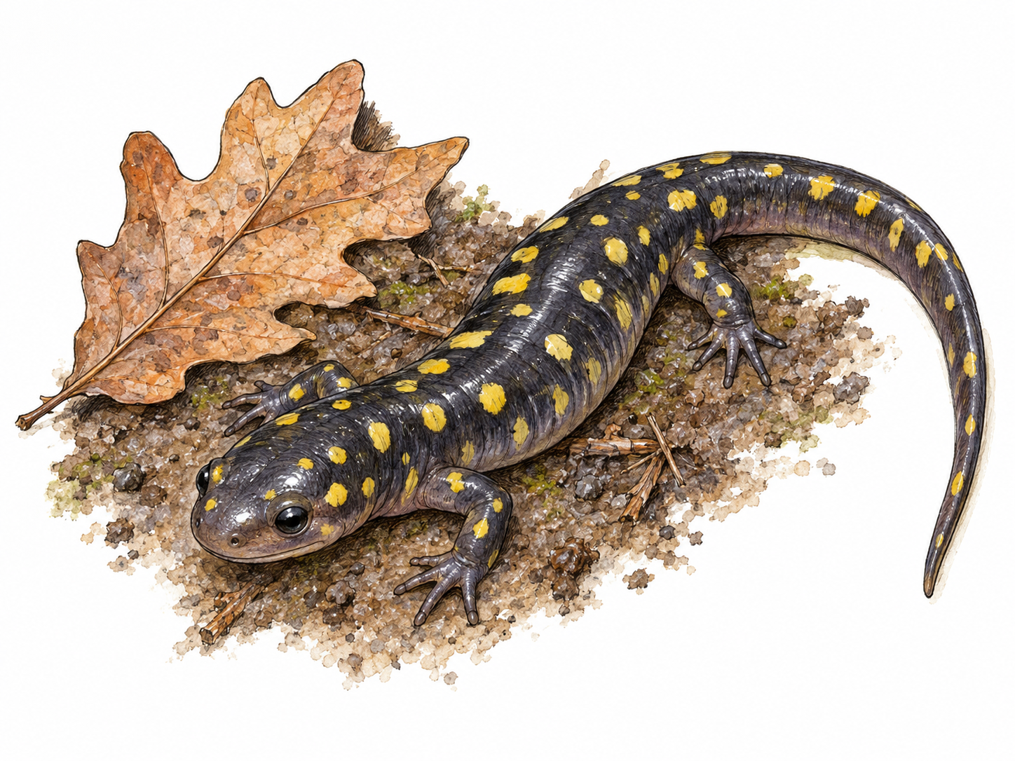 A single spotted salamander viewed slightly from above, showing its slender amphibian body, four short legs, smooth moist skin, and long tapering tail beside a small damp leaf.