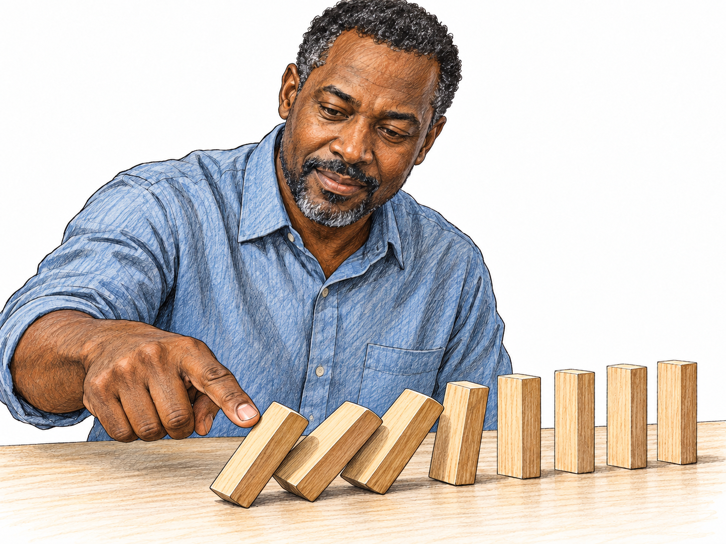 A man nudges the first domino in a winding row, visibly starting a chain reaction: the first few dominoes are falling into one another while the rest remain upright.