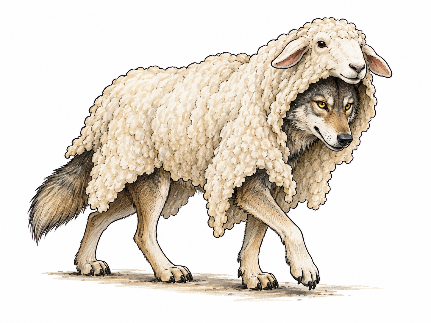 A wolf disguised under a loose sheep fleece, its wolf face visible emerging under hood; clear misleading outward appearance, no lettering.