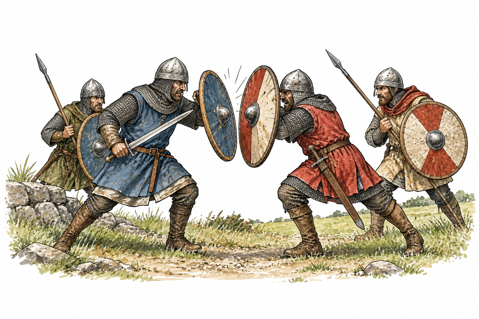 Two opposing pairs of medieval soldiers briefly clash shields on outskirts of a field, non-graphic minor fight.