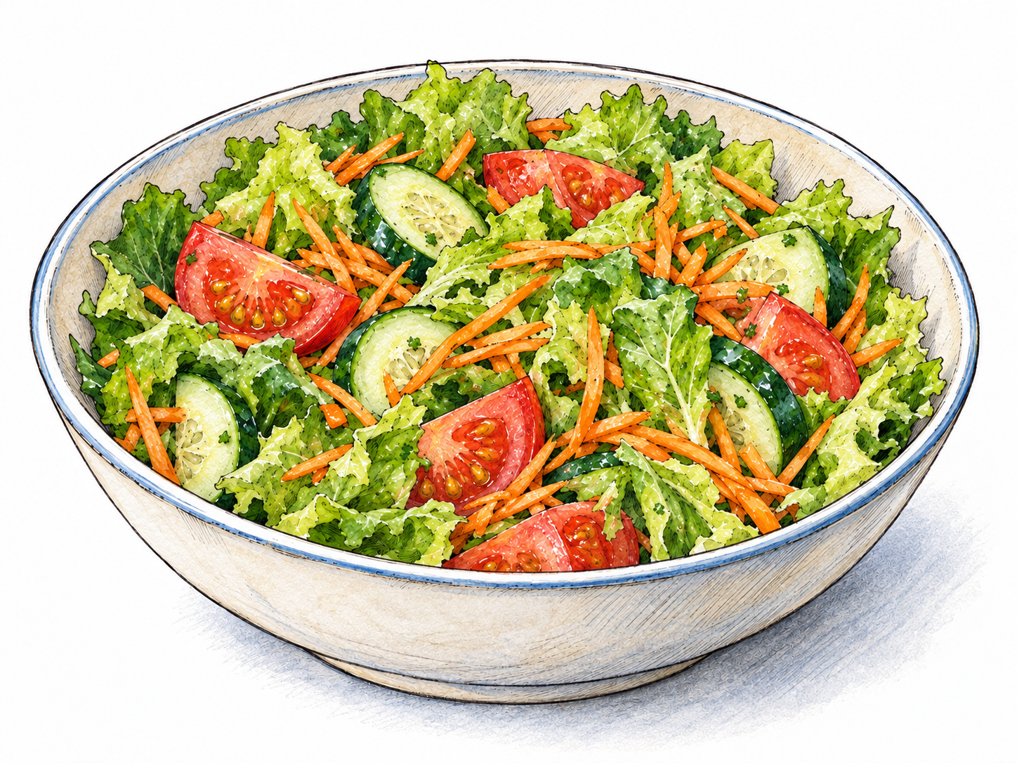 A shallow serving bowl of mixed salad, with lettuce, tomato wedges, cucumber slices and shredded carrot visibly tossed together.