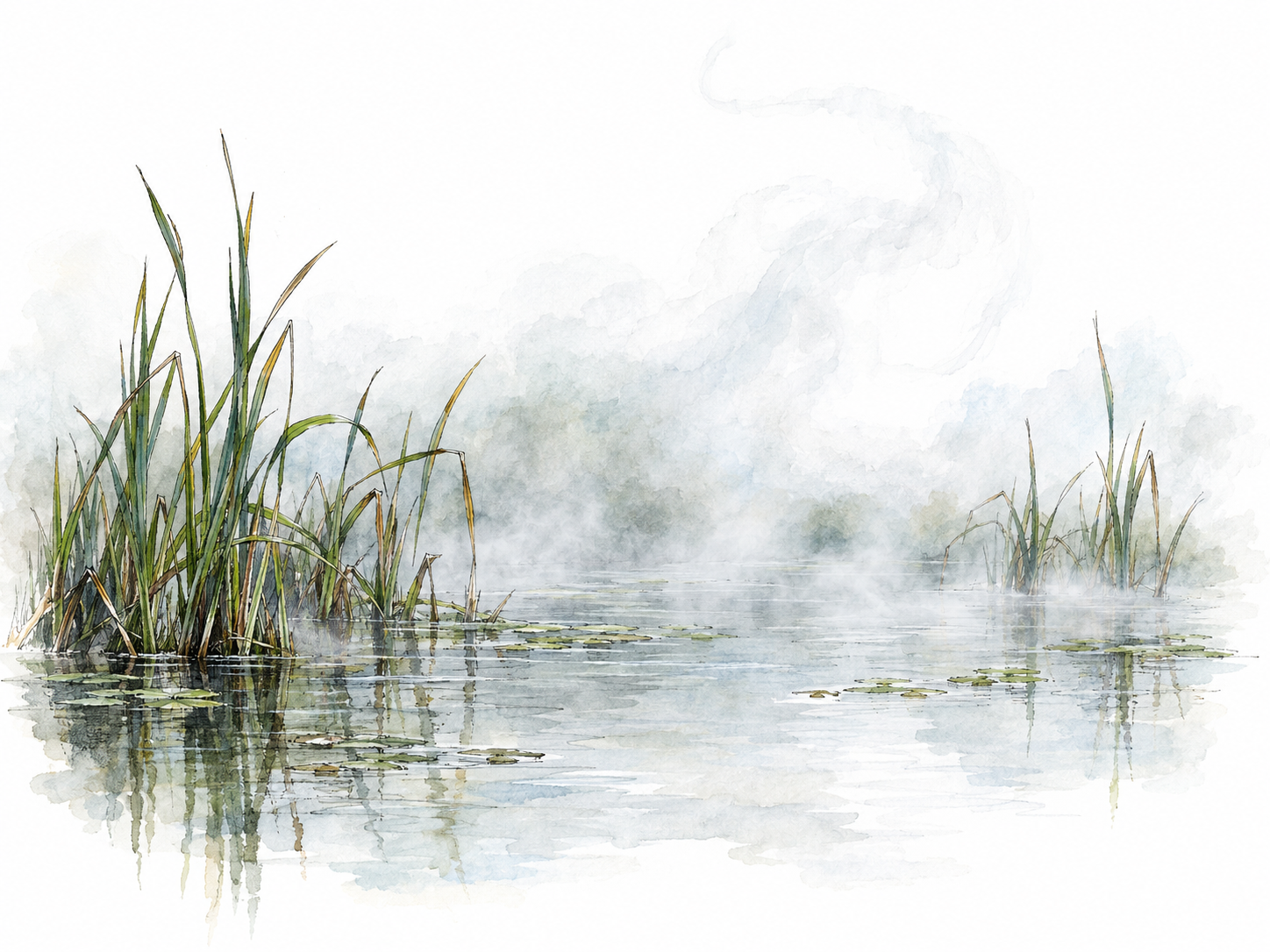 Thin, translucent wisps of morning mist hover above a small patch of still pond water, with a few reeds visible through the dissolving veil.