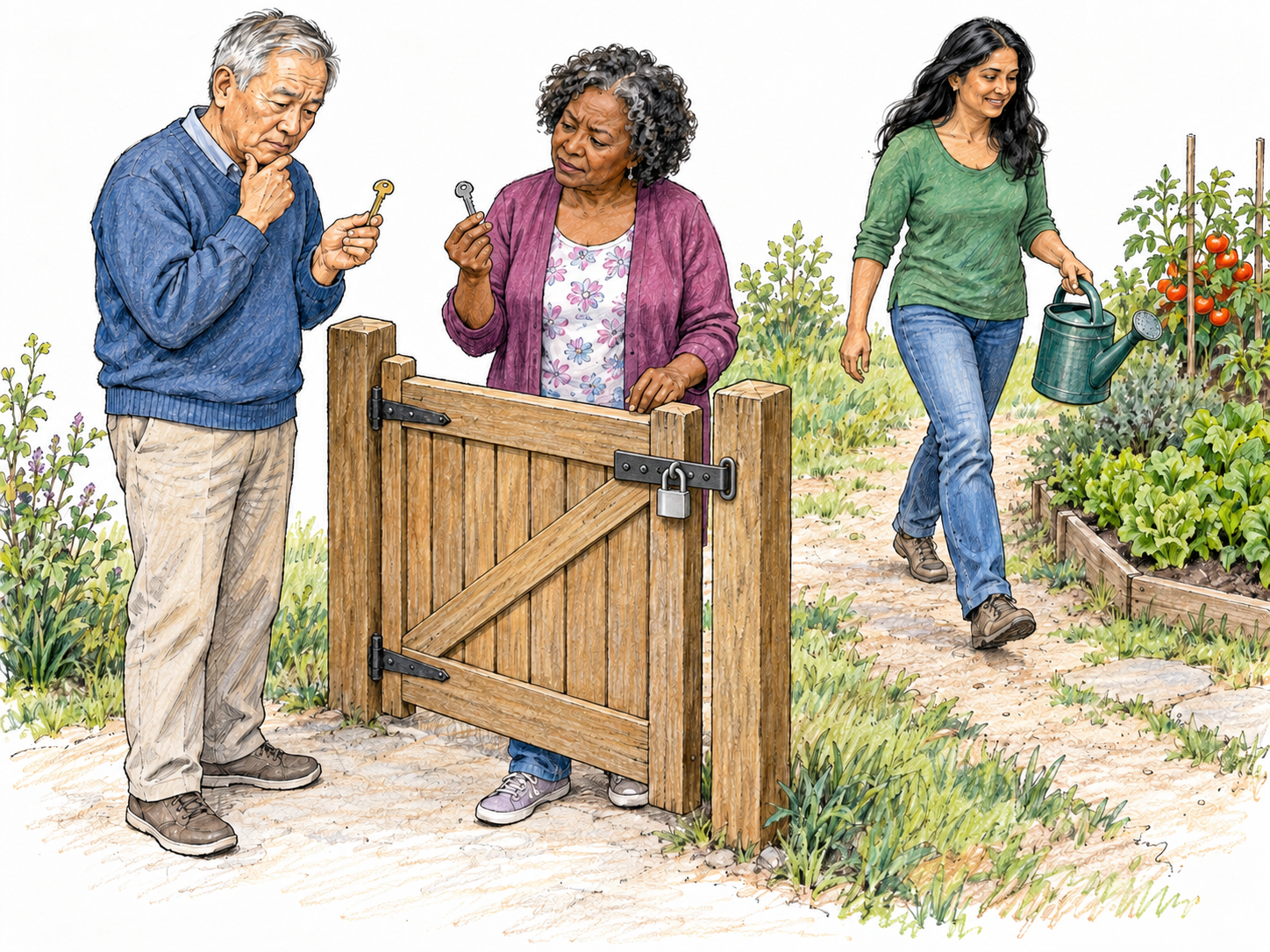 Which key opens the gate is moot: two adults compare keys at a locked garden gate, although the gate stands alone without a fence and another person walks freely around it.