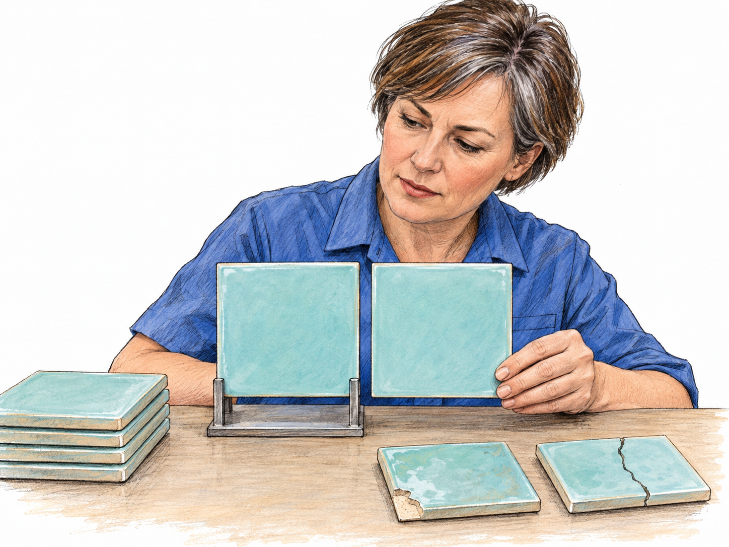 A quality inspector uses a pristine ceramic reference tile to judge finished tiles, separating matching intact tiles from visibly defective ones.