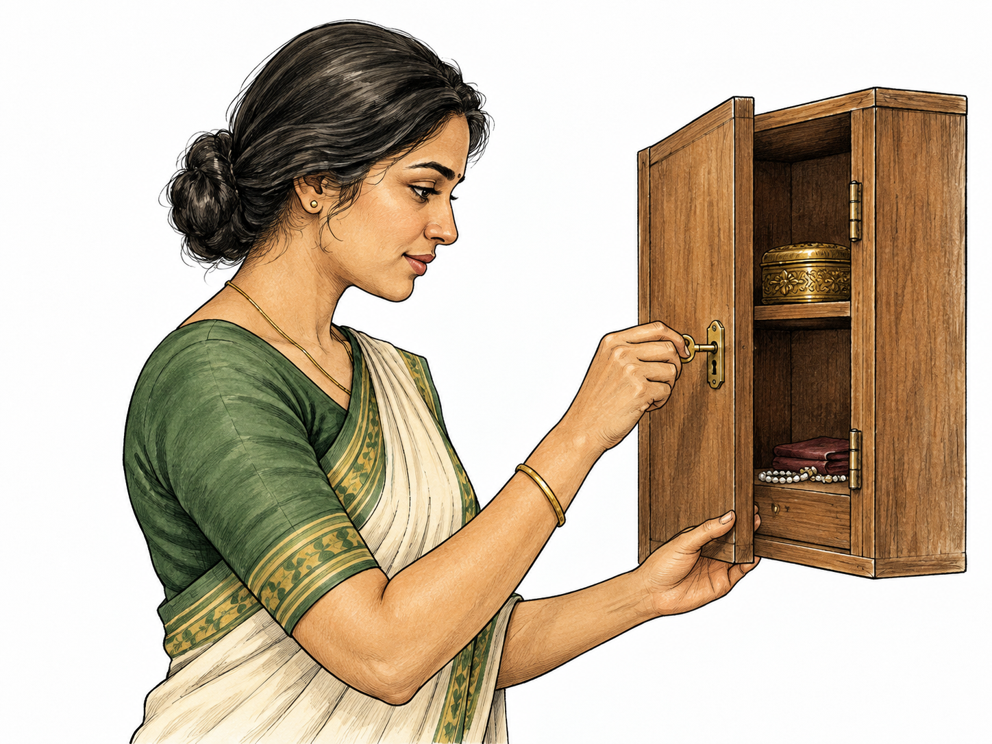 One adult opens a small private cabinet using its sole distinctive key, limited access to that one person, no words or logos.