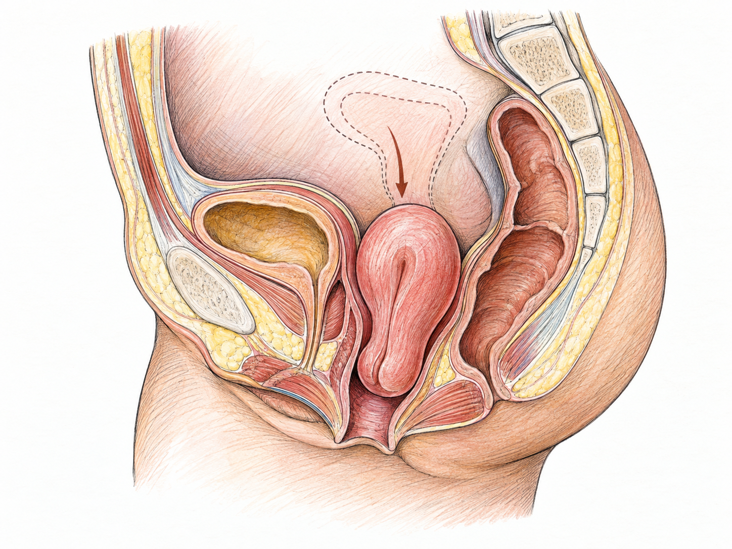 A single non-graphic anatomical cutaway of the female pelvis shows uterine prolapse: the uterus has descended into the vaginal canal, with a faint dashed outline marking its usual higher position and a short downward arrow making the displacement visible.