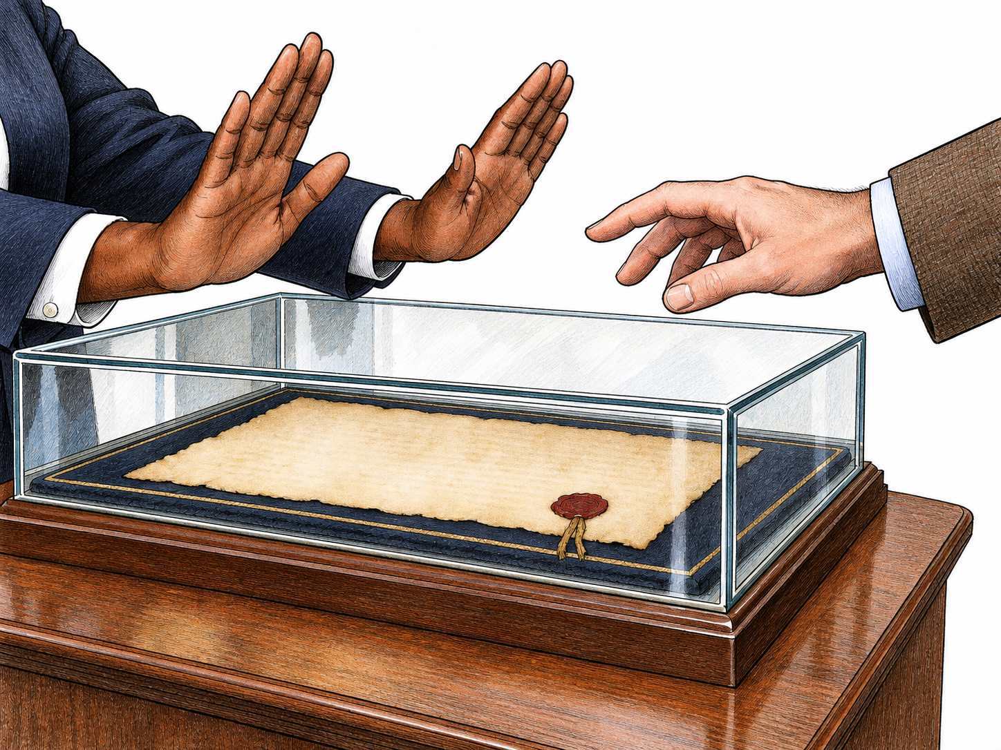 A precious old signed-looking document without any legible marks rests safely under a closed glass cover; two hands halt a visitor's reaching hand before touching it, inviolable protection clear.