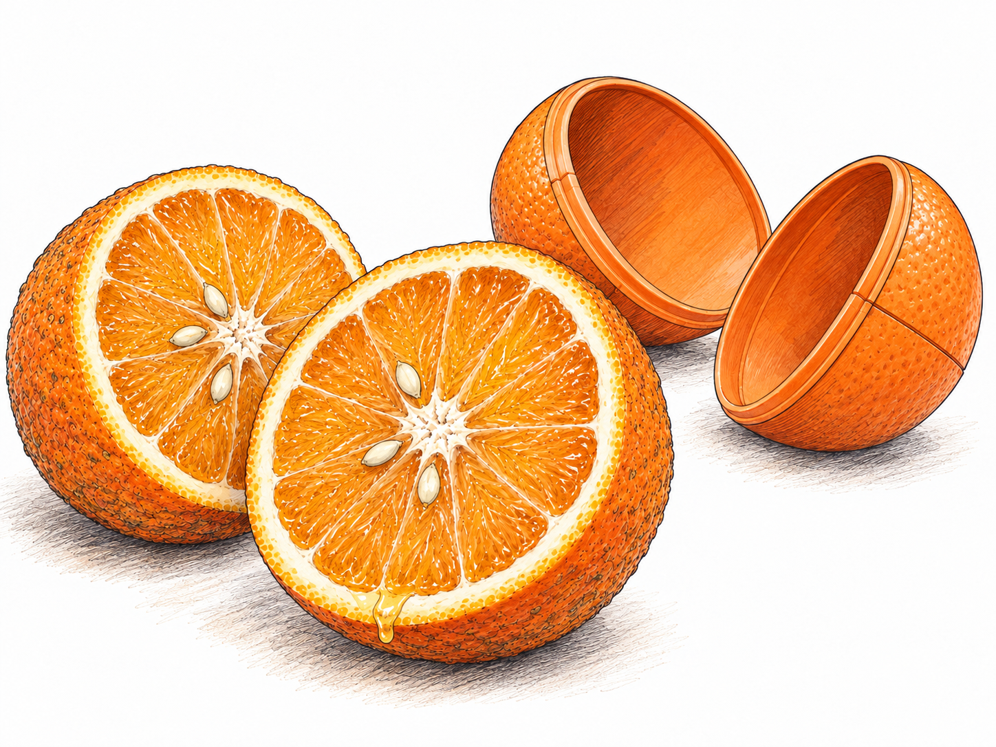 A genuine orange cut open beside an unmistakable hollow plastic imitation: juicy segmented flesh and a naturally irregular peel contrast with a thin molded shell and visible manufacturing seam.