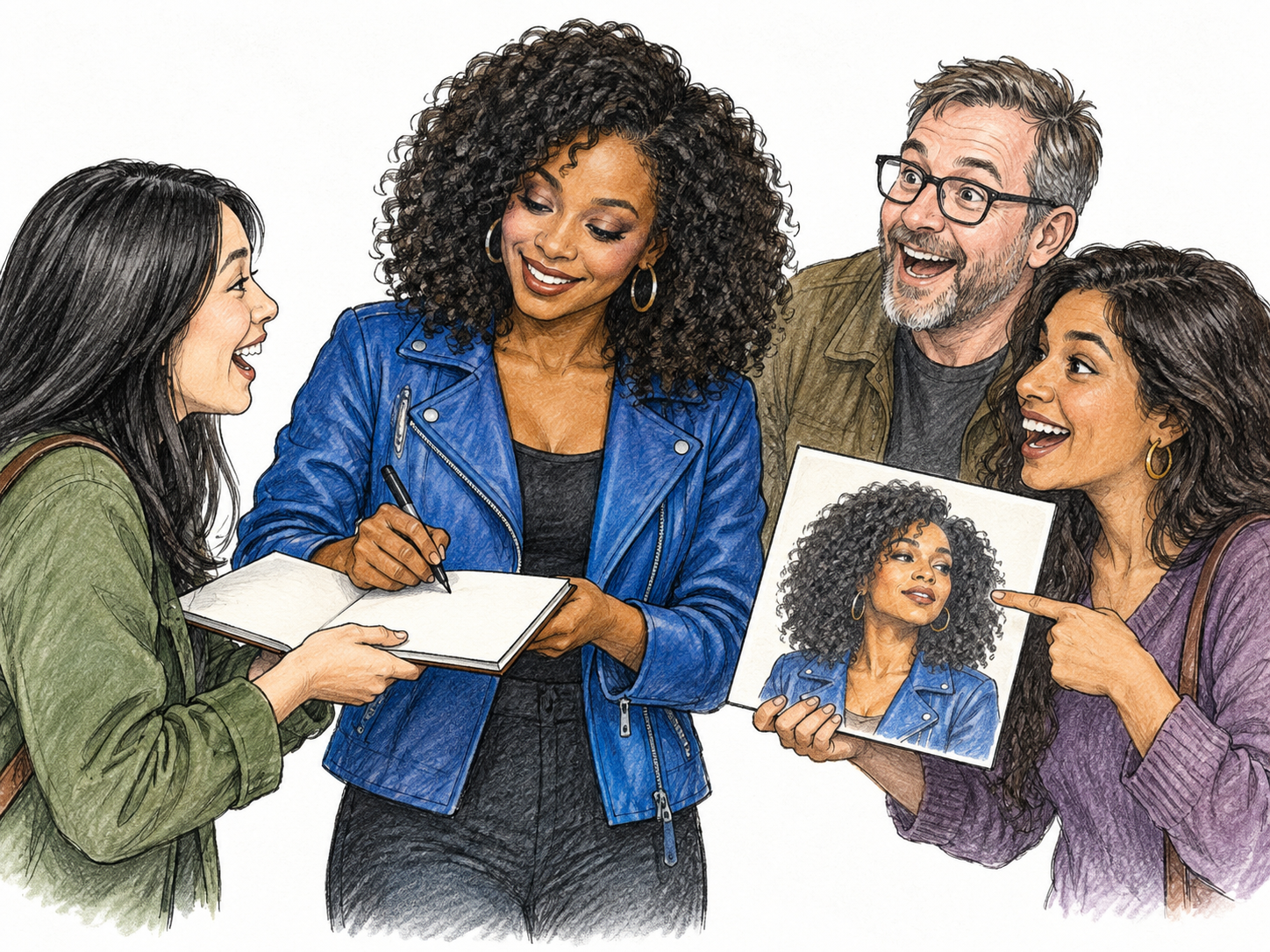 Recognizable fictional singer calmly smiles as several excited strangers recognize her, one points at blank album with same portrait, another asks autograph on blank page.