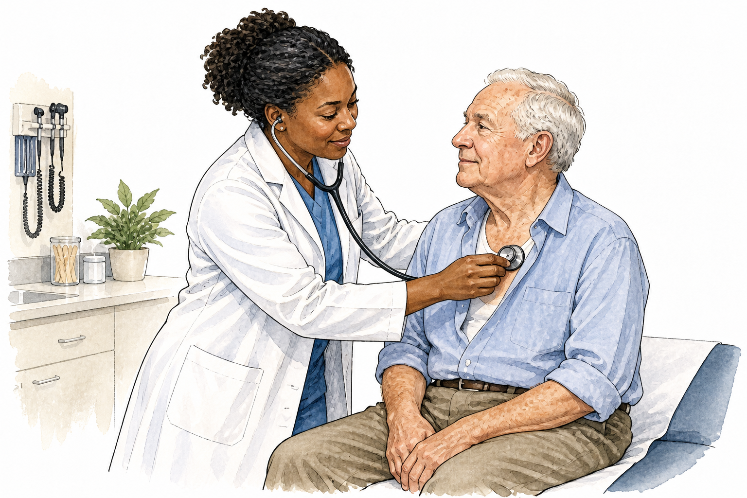 Black female physician listens to older white patient's chest with stethoscope in clinic, professional care.