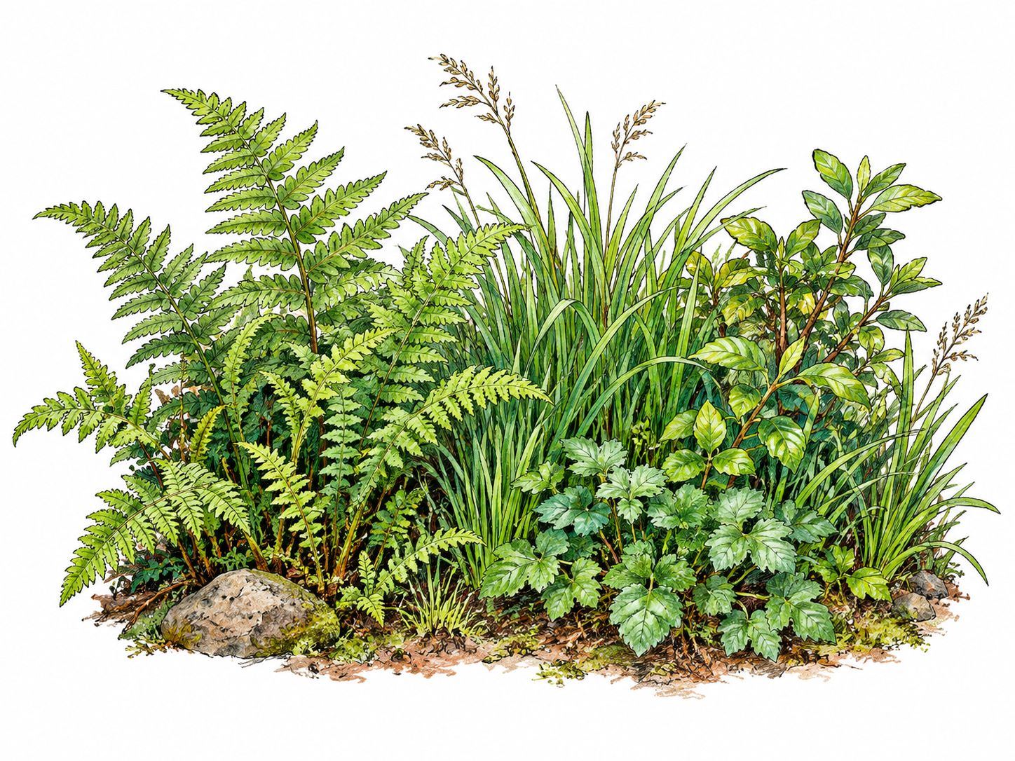 A compact patch of mixed ferns, grasses and low leafy shrubs shows plant growth collectively in one place, naturally varied greens with ample white surround; no landscape panorama or text.