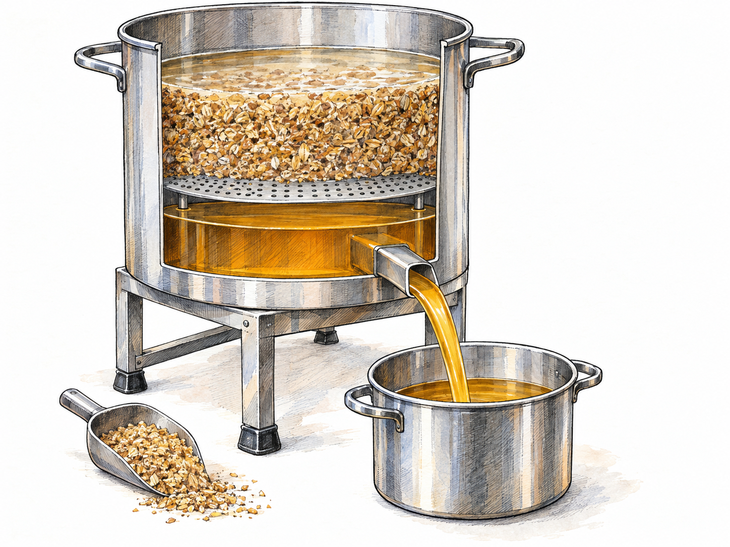 A close-up brewing cutaway shows amber liquid draining through a perforated false bottom beneath wet crushed malt into a clean collecting vessel.