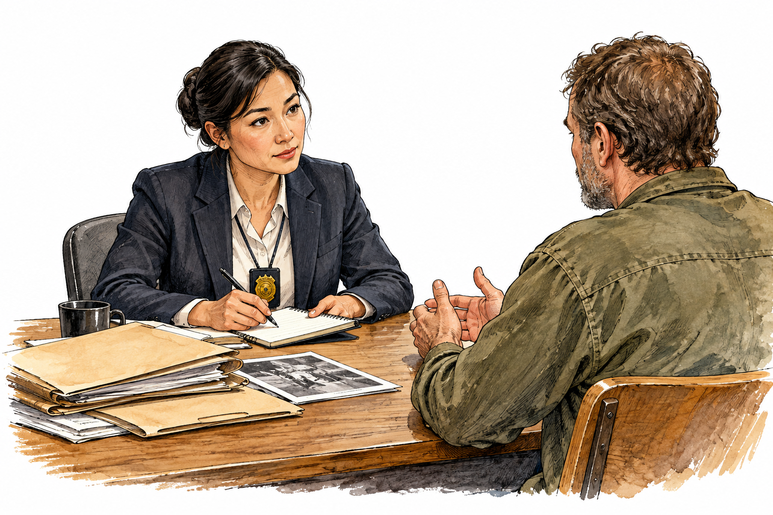 An investigator gathers records and asks a witness questions in a calm official inquiry.