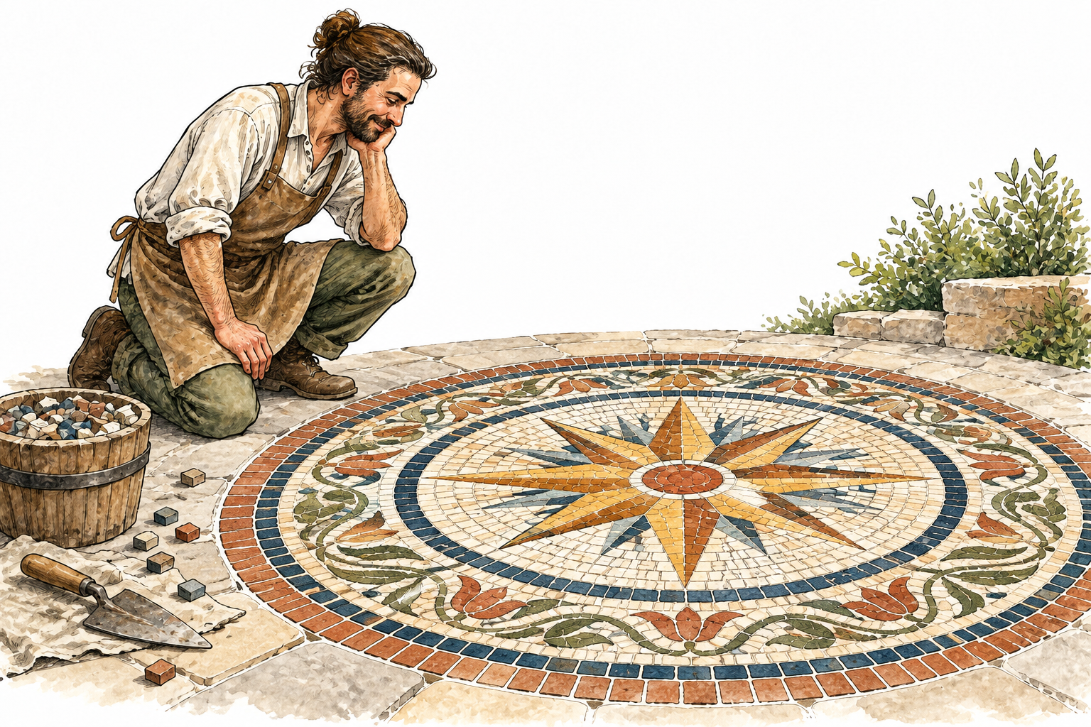Completed intricate mosaic with every piece precisely fitted and none missing, craftsperson admires flawless result, no letters.
