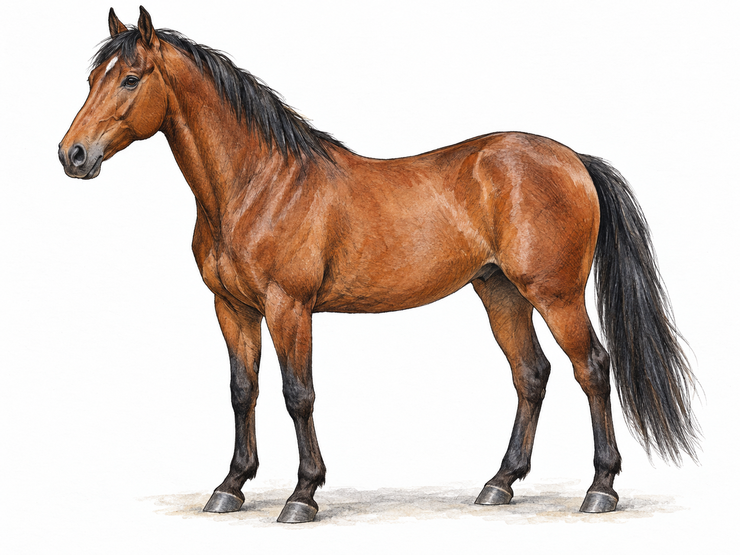 A single adult horse standing in clear three-quarter side view, with its entire body, mane, tail, and four hooves visible.
