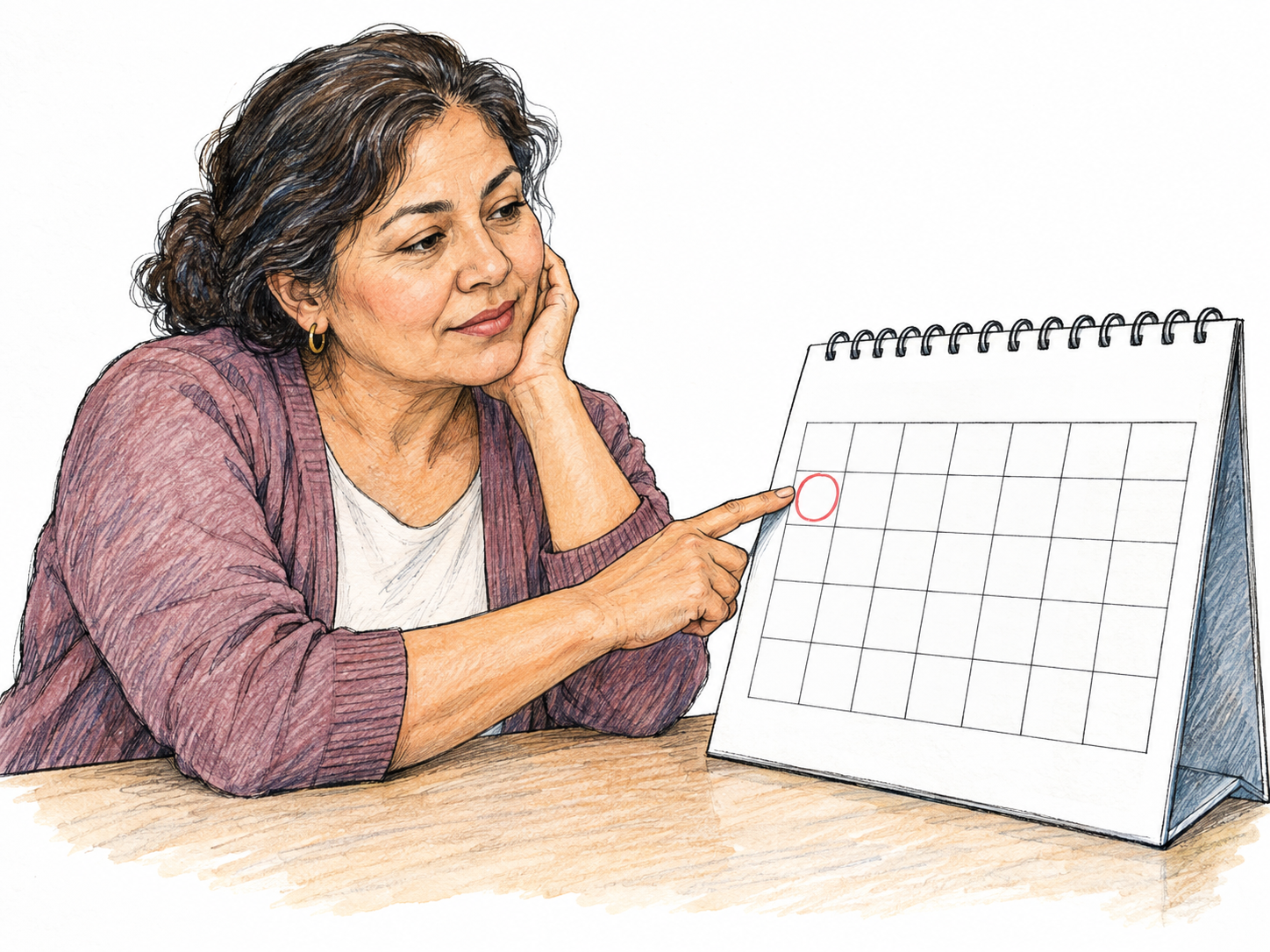 A woman considers the days still to come on a large desk calendar: one day is circled, and the empty day squares following it extend across the rest of the page.