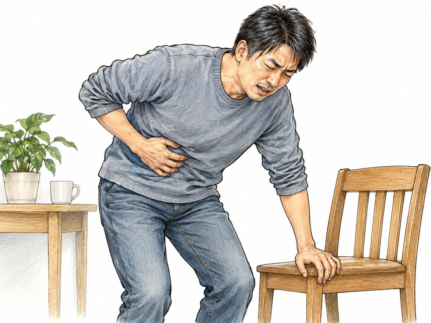 Person abruptly grips side of abdomen and bends slightly with intense brief pain expression, nearby chair supports other hand, no gore or dramatic emergency accessories.