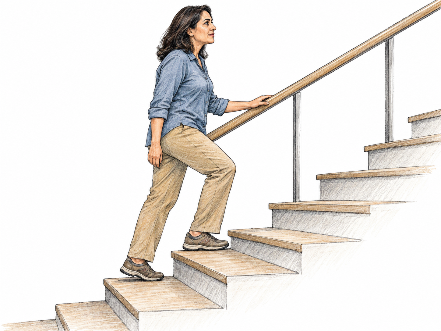 A woman actively climbs a short staircase, with her leading foot planted on a higher step and her trailing foot pushing off below, clearly showing upward movement.