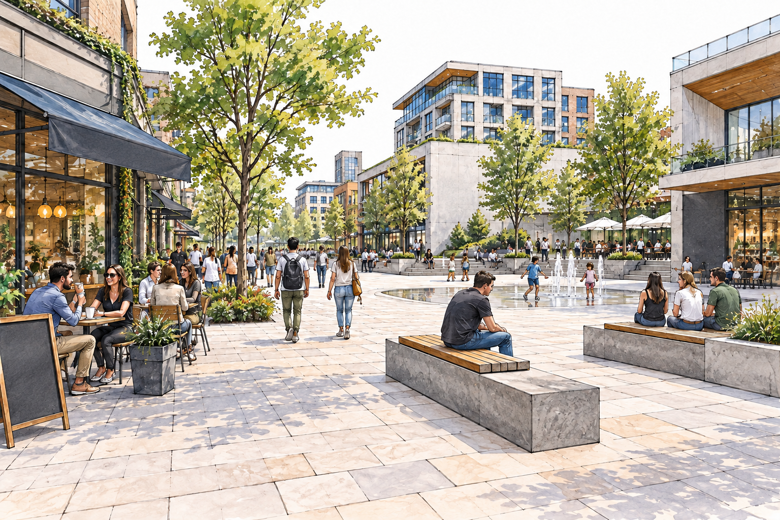 Modern open urban plaza with broad paving benches shops trees and people gathering.