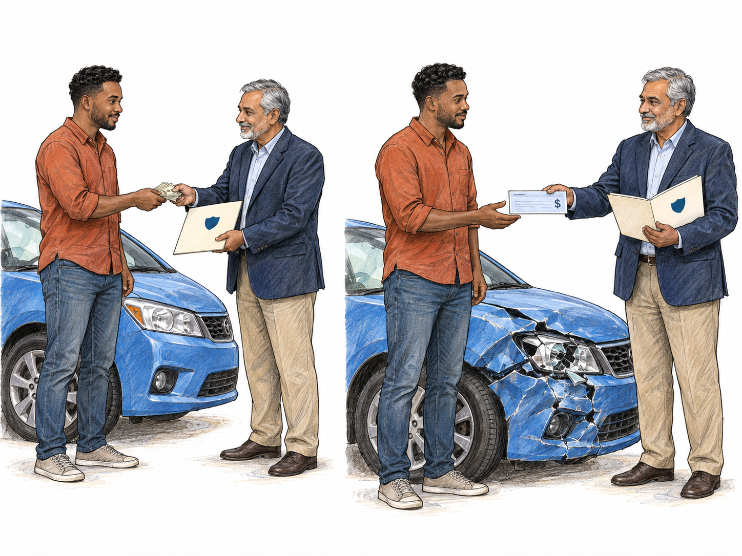 A compact two-stage insurance transaction: a car owner first pays a small premium and receives a shield-emblem policy while his car is undamaged; later, beside the same visibly damaged car, the same representative checks that policy and issues a payout cheque.