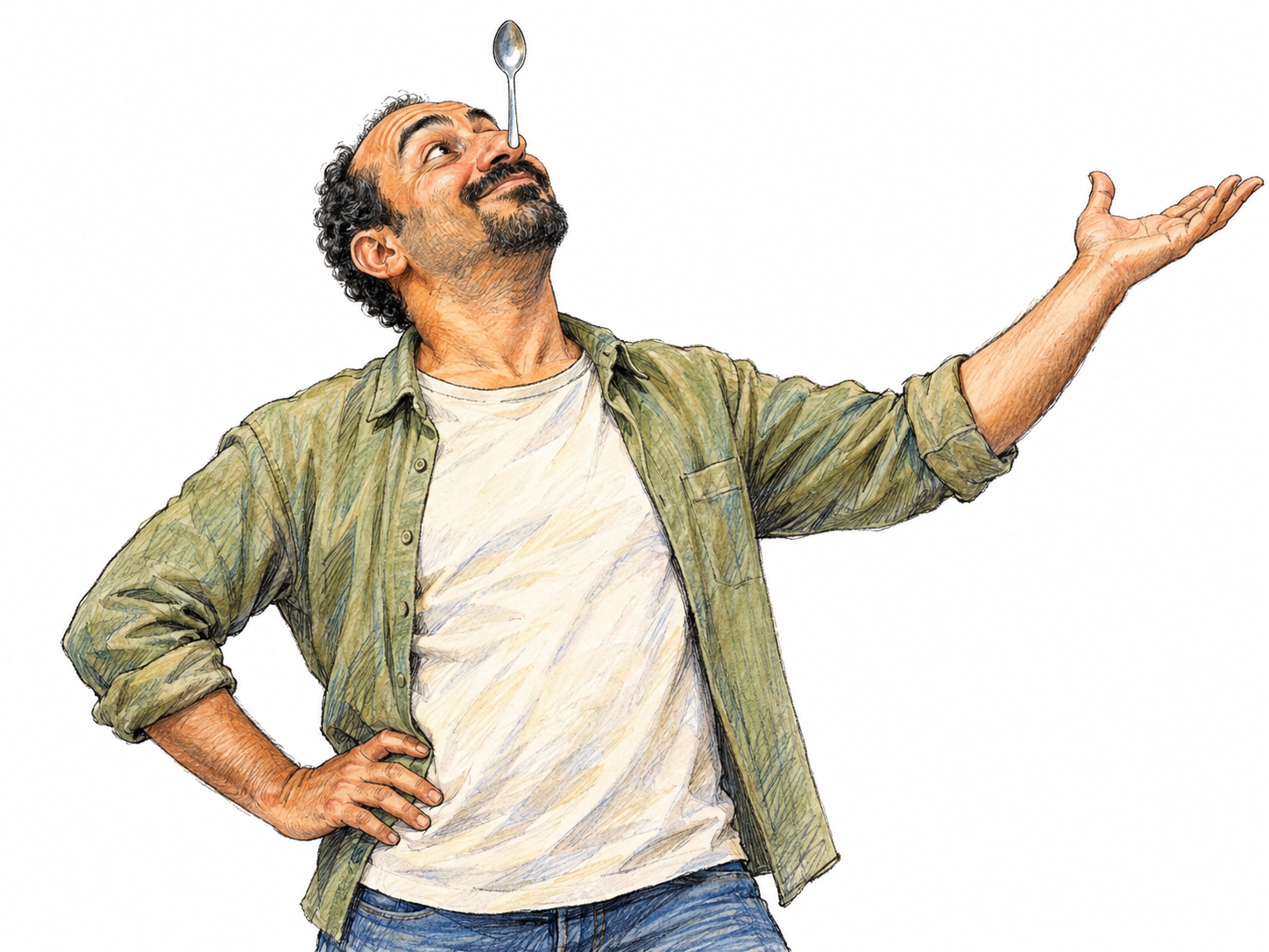 A middle-aged man deliberately acts clownishly, balancing a spoon on his nose while striking an exaggerated, self-important pose.