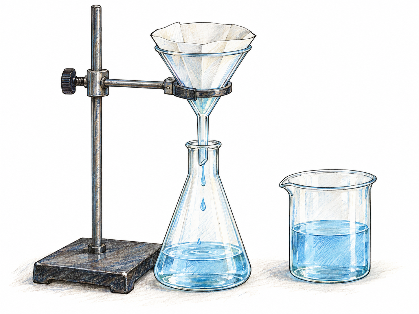 A coordinated laboratory filtration apparatus: a funnel held by a clamp stand above a receiving flask, with a beaker beside it containing the liquid to be filtered.
