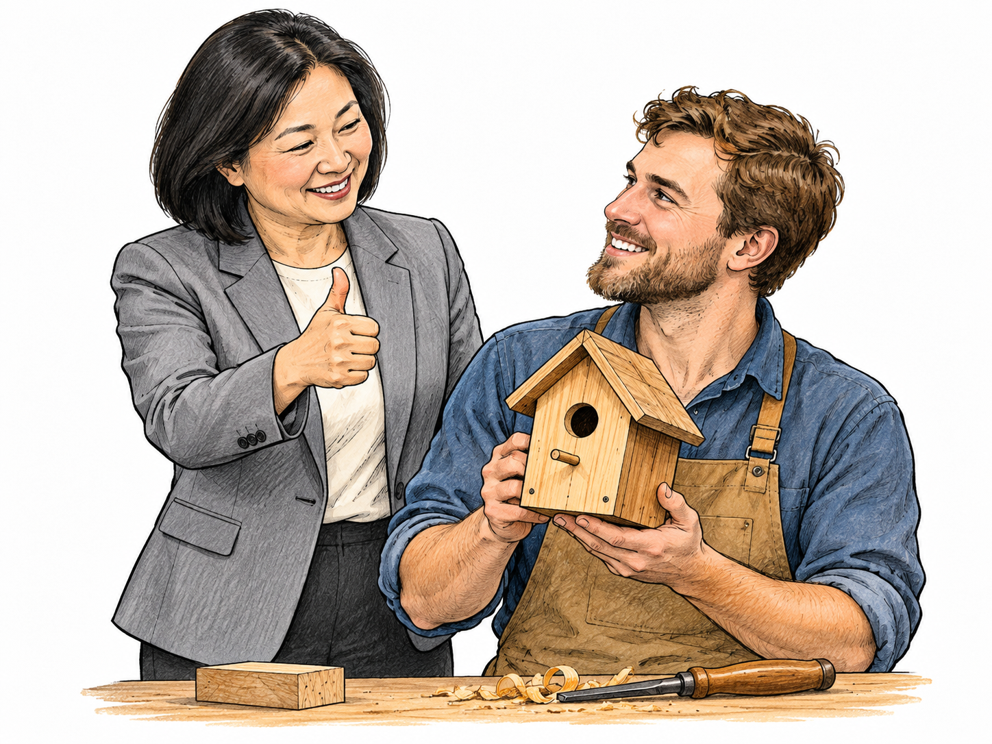 Adult supervisor gives approving smile and thumbs-up to craft worker displaying completed work, clear praise, no labels.