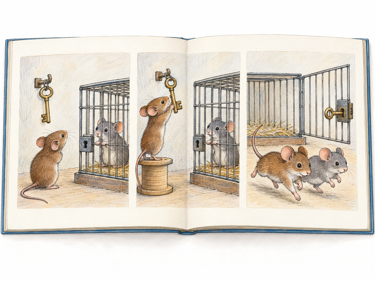 An open picture-story book shows three large, consecutive illustrations of one simple rescue story: a mouse discovers a second mouse locked in a cage, retrieves a nearby key, and unlocks the cage so both can escape together.