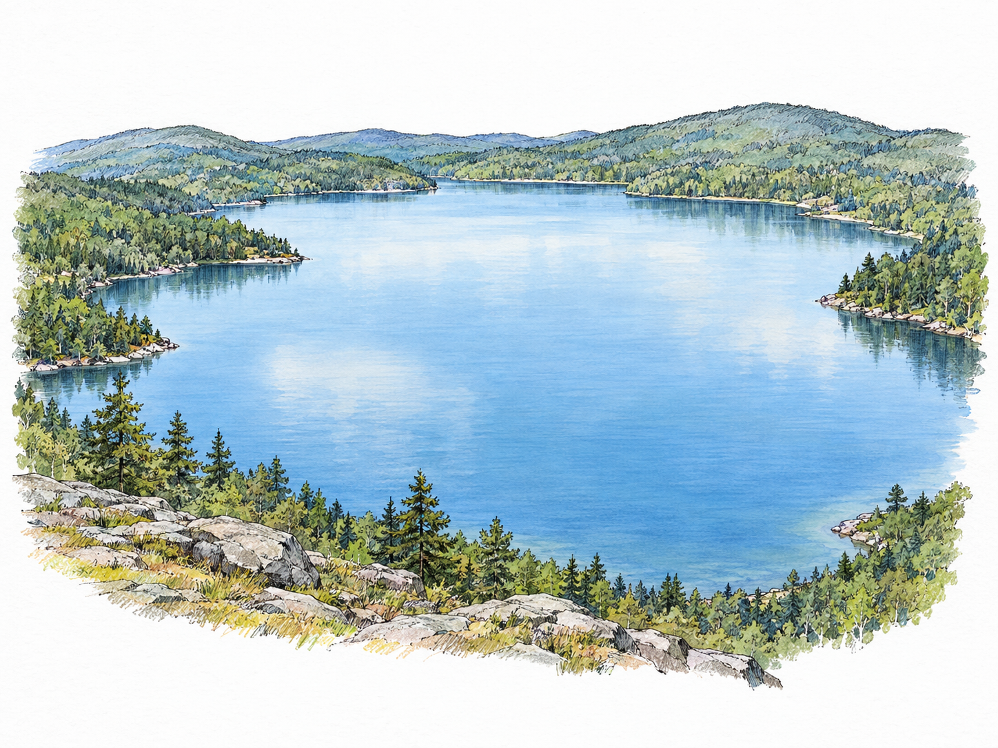 An elevated view of a broad, calm lake completely enclosed by land, with wooded shores and low hills establishing its large inland scale.