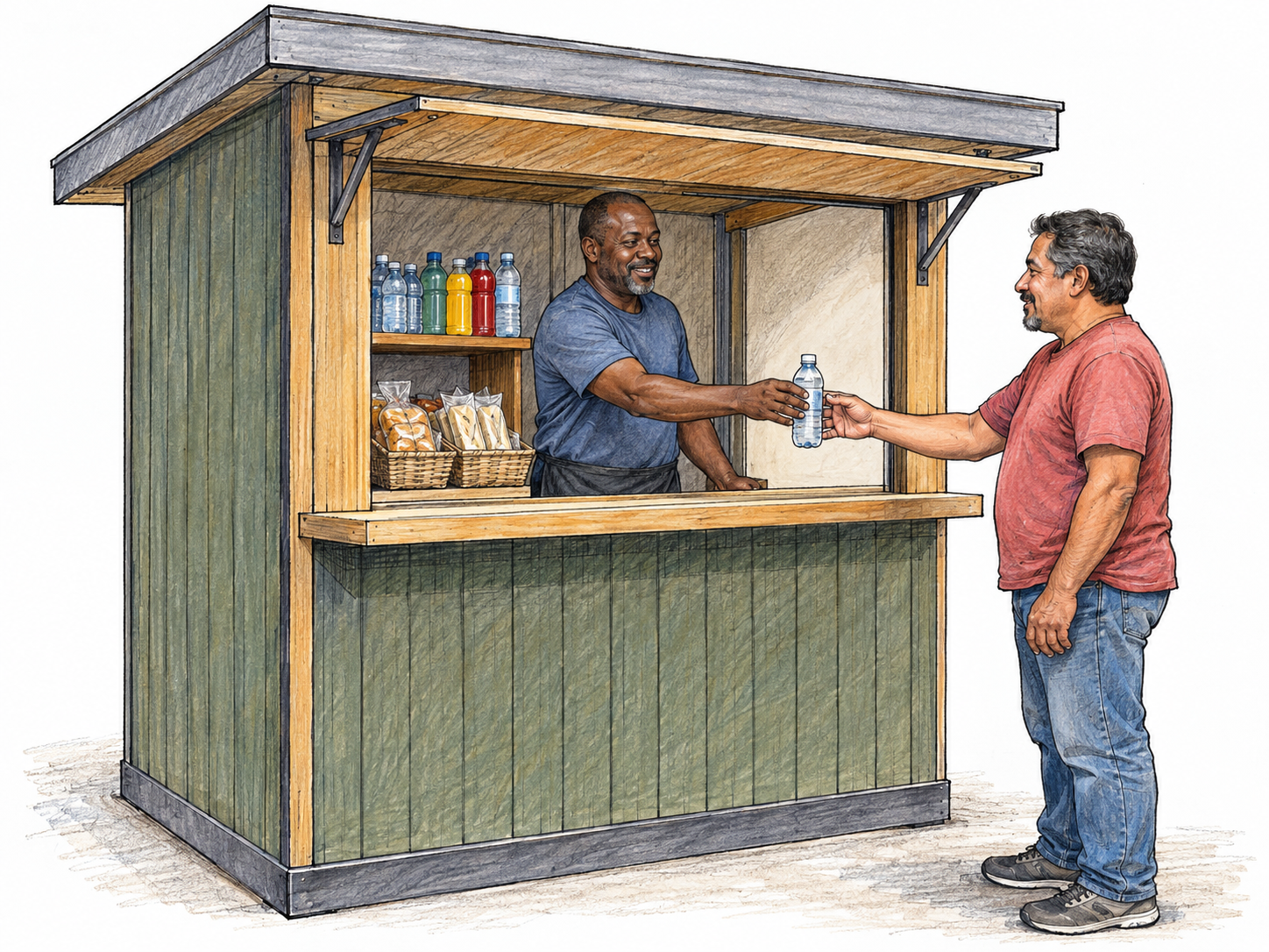 A compact freestanding sales booth with a roof and open service window, where a vendor hands a bottled drink to a customer.