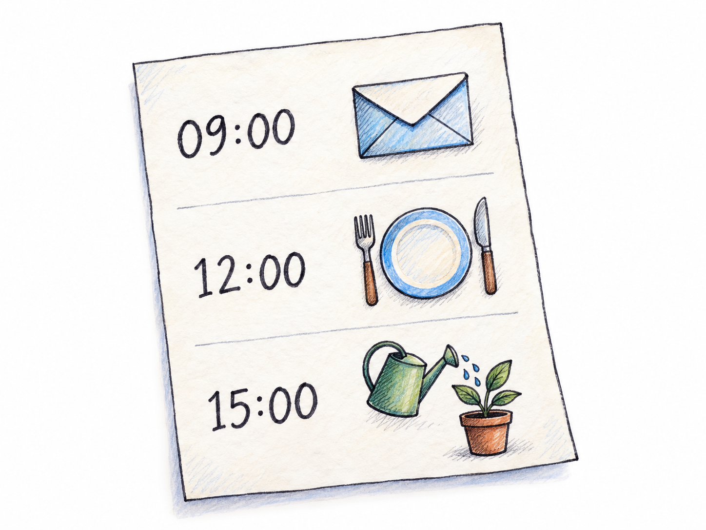 A single daily planner sheet with three clearly aligned time-and-task rows, pairing short numerical times with simple activity icons to show a plan of scheduled tasks.