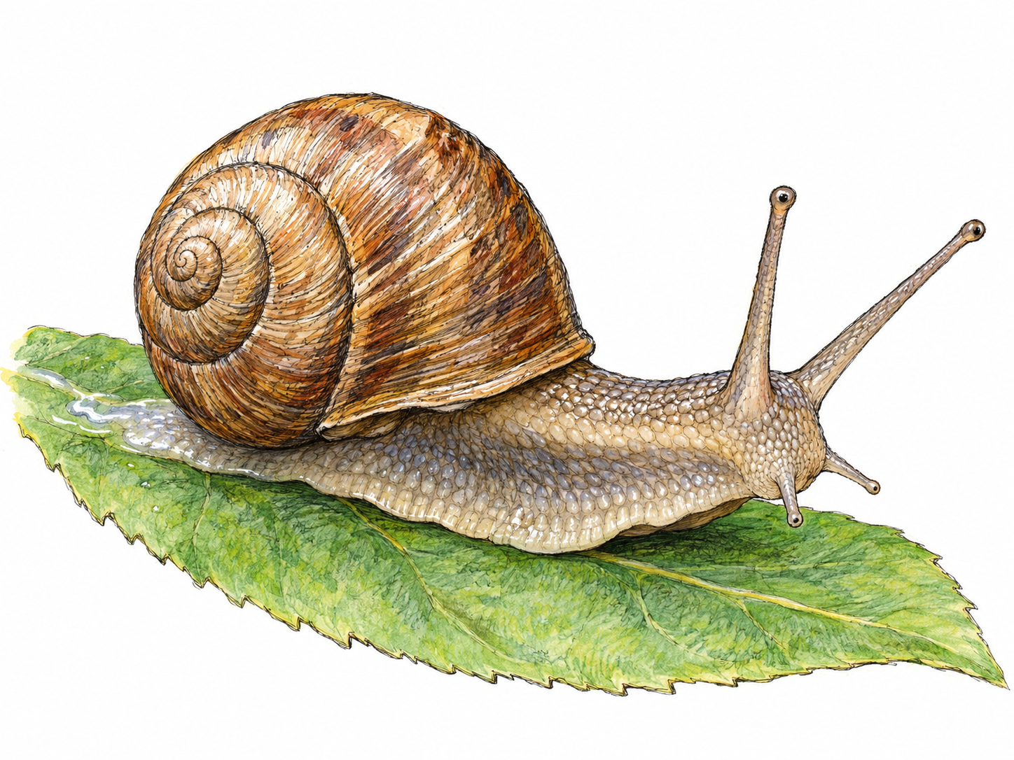 A single garden snail crawling on a small leaf, its spiral shell, extended tentacles, broad muscular foot, and short mucus trail clearly visible.