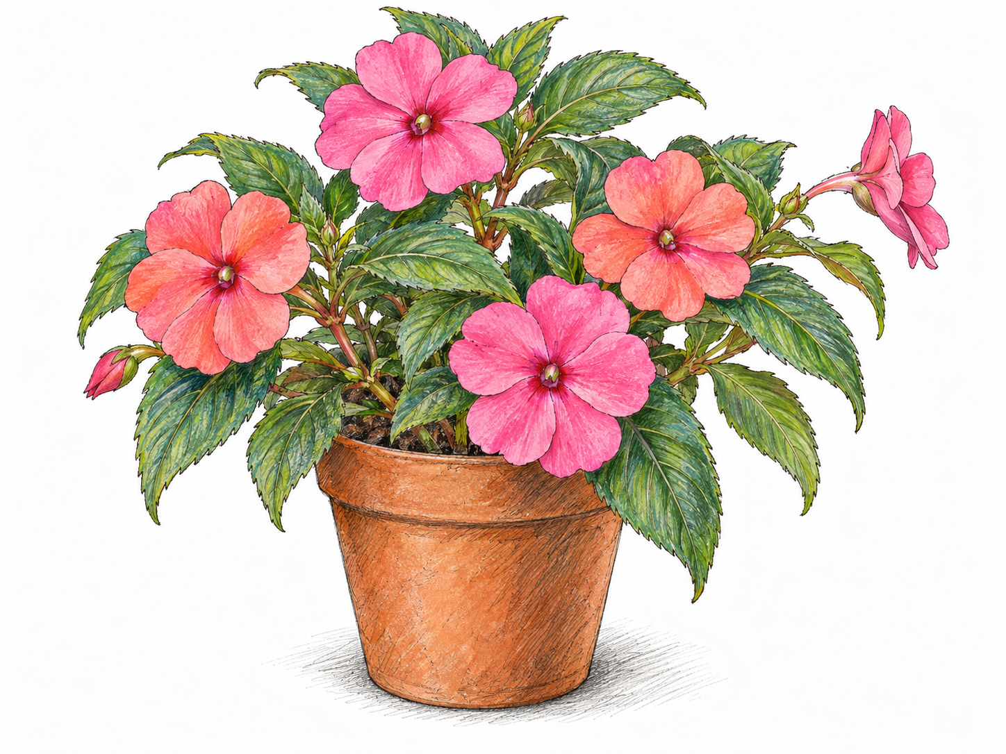 A compact flowering impatiens plant in a plain terracotta pot, with bright pink and coral blooms, serrated green leaves, and a side-view flower revealing its slender curved nectar spur.