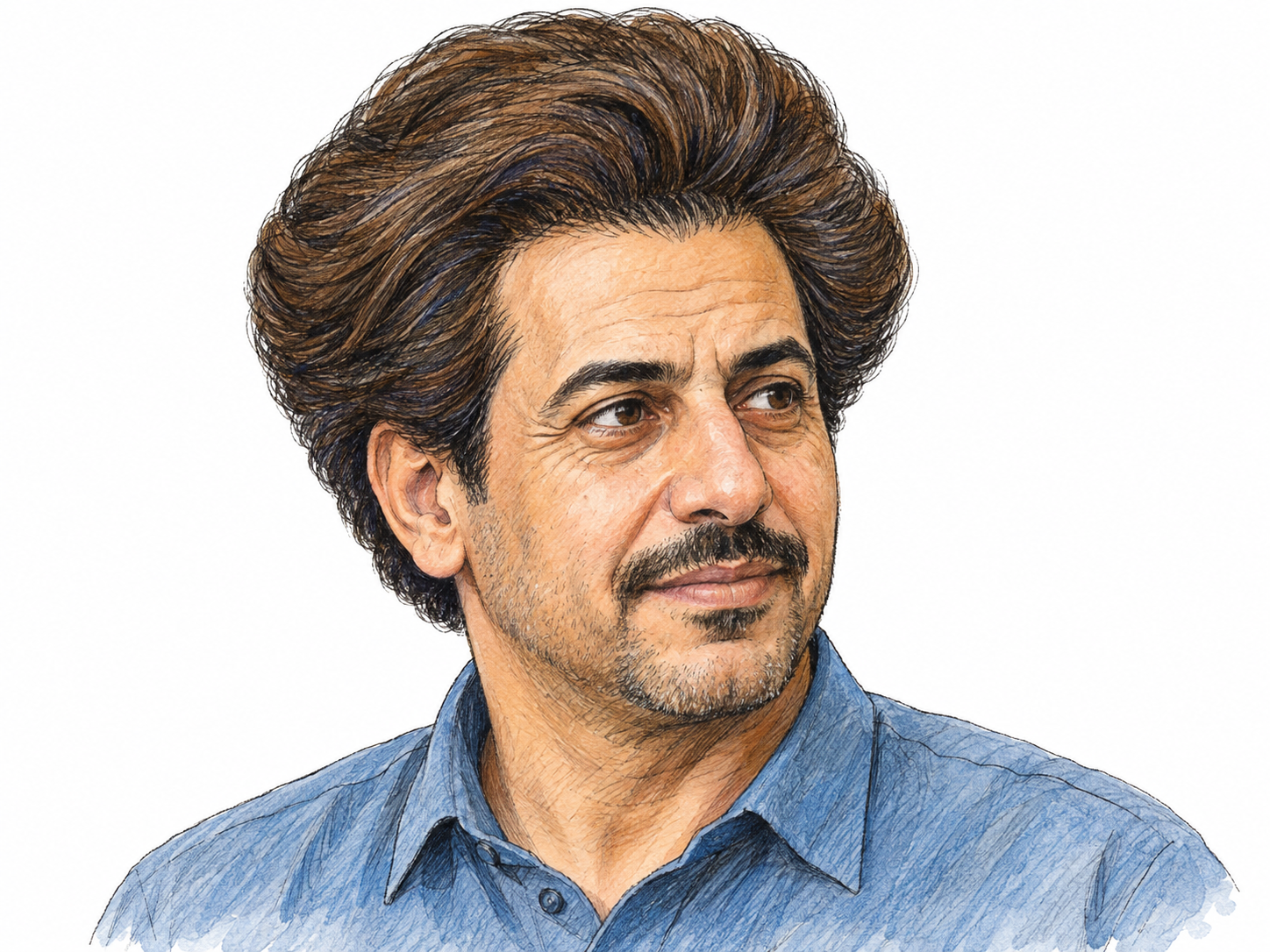 A close three-quarter portrait of a man with a deliberately styled bouffant: hair swept upward and outward into a broad, airy rounded volume above the crown and temples.