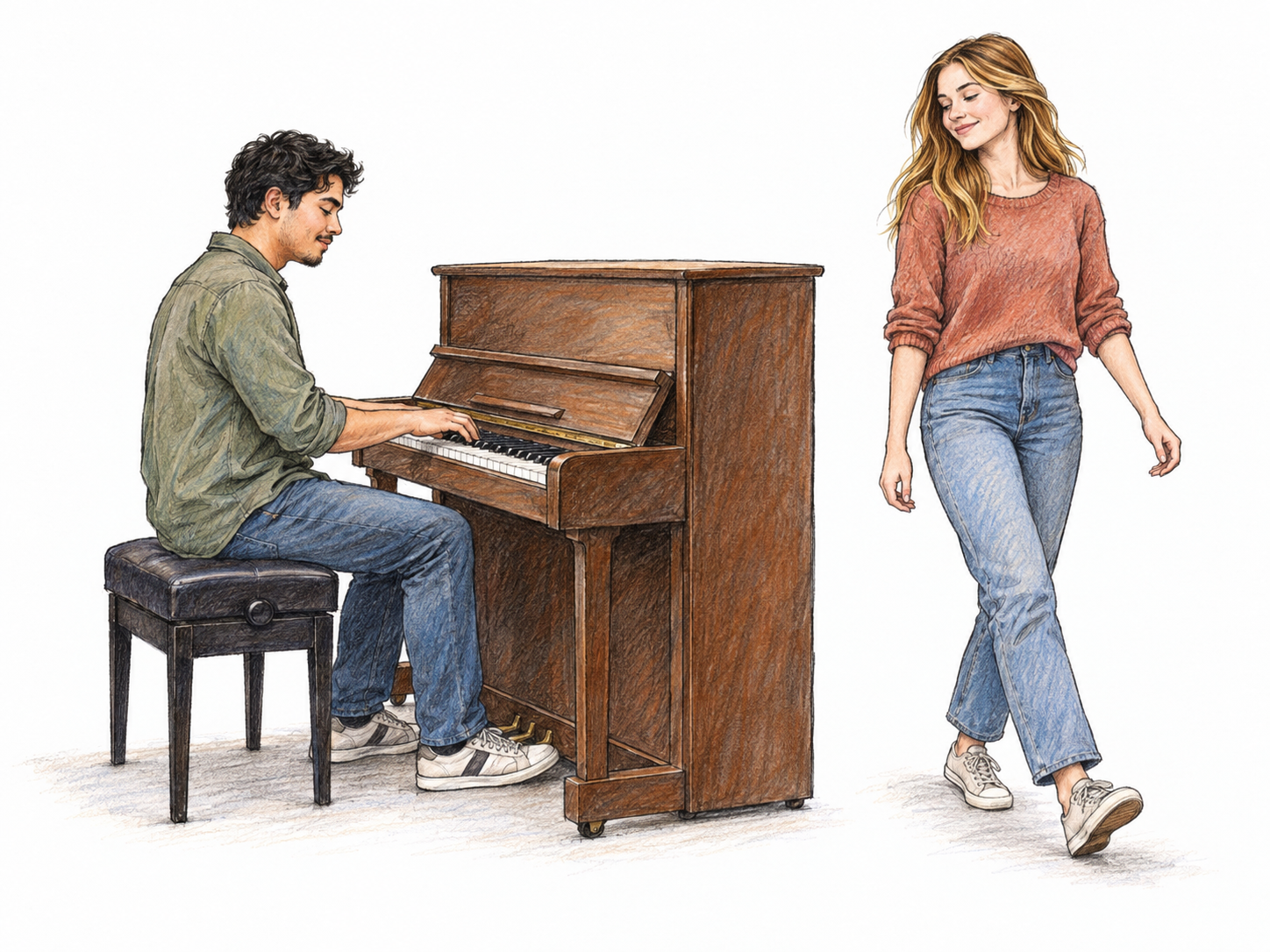 A young adult pianist plays with relaxed, measured movement while a companion walks slowly beside the piano, making the music’s moderately slow walking pace concrete.