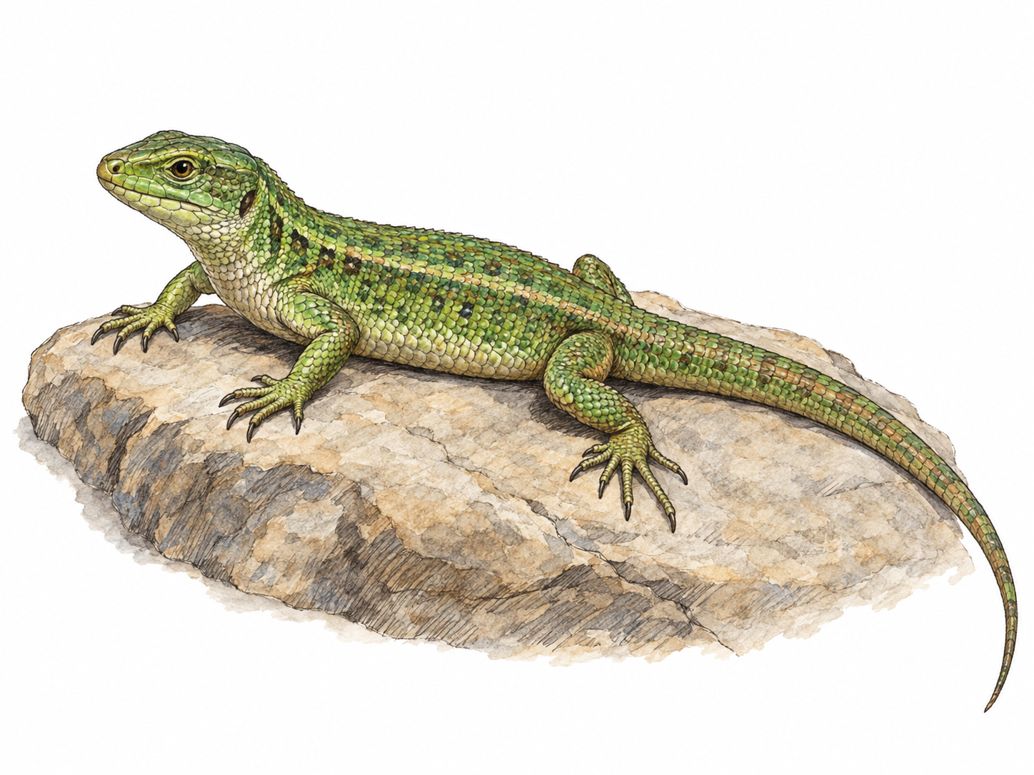 A recognizable lizard basking on a low sunlit rock, its scaly body, four splayed legs, clawed toes and long tapering tail clearly visible.