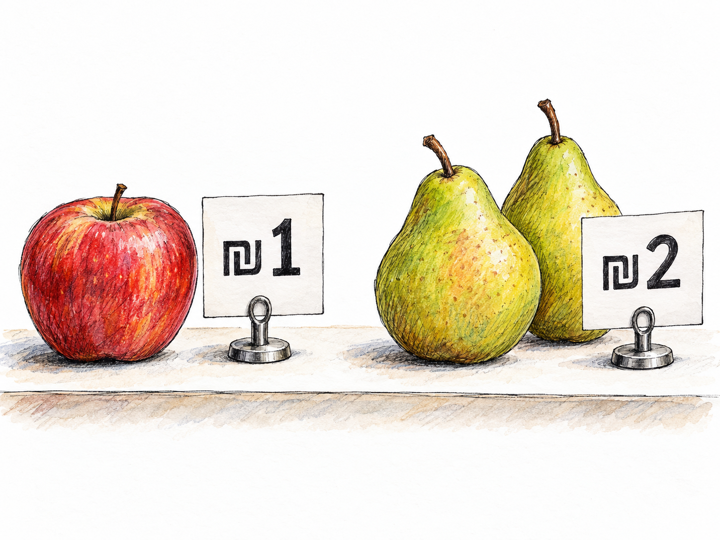 A sparse produce-counter still life with two small price cards using the Israeli shekel symbol: one apple priced ₪1 and a pair of pears priced ₪2.
