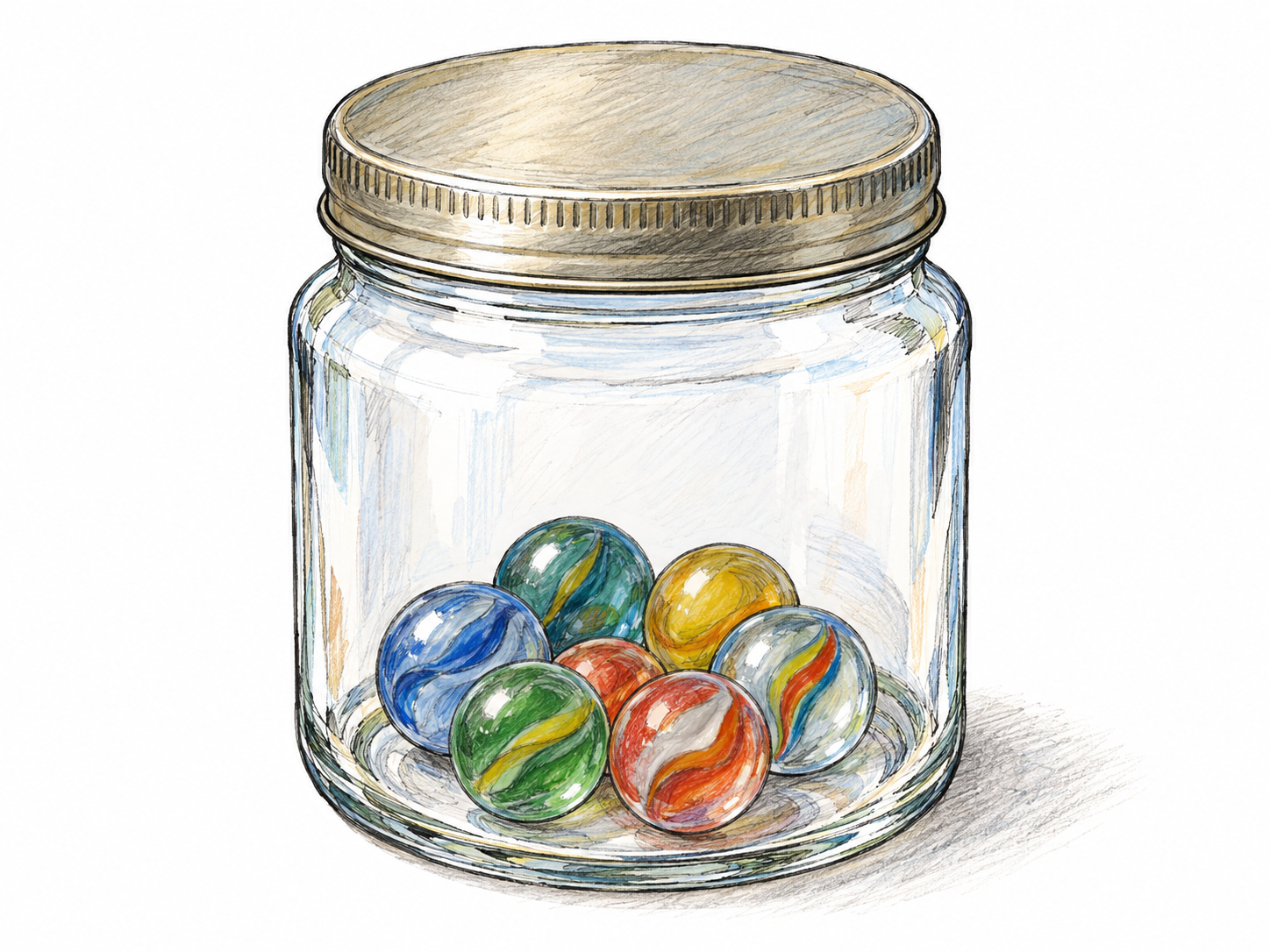 A clear glass jar contains several colored marbles, all visibly enclosed within its walls and closed lid.