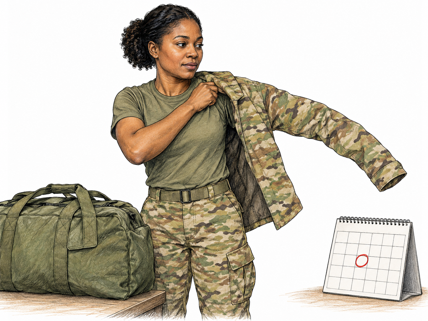 Adult changes from civilian jacket to uniform beside packed service duffel and plain calendar with one training day circled; part-time military reserve availability clear, no weapons or insignia text.