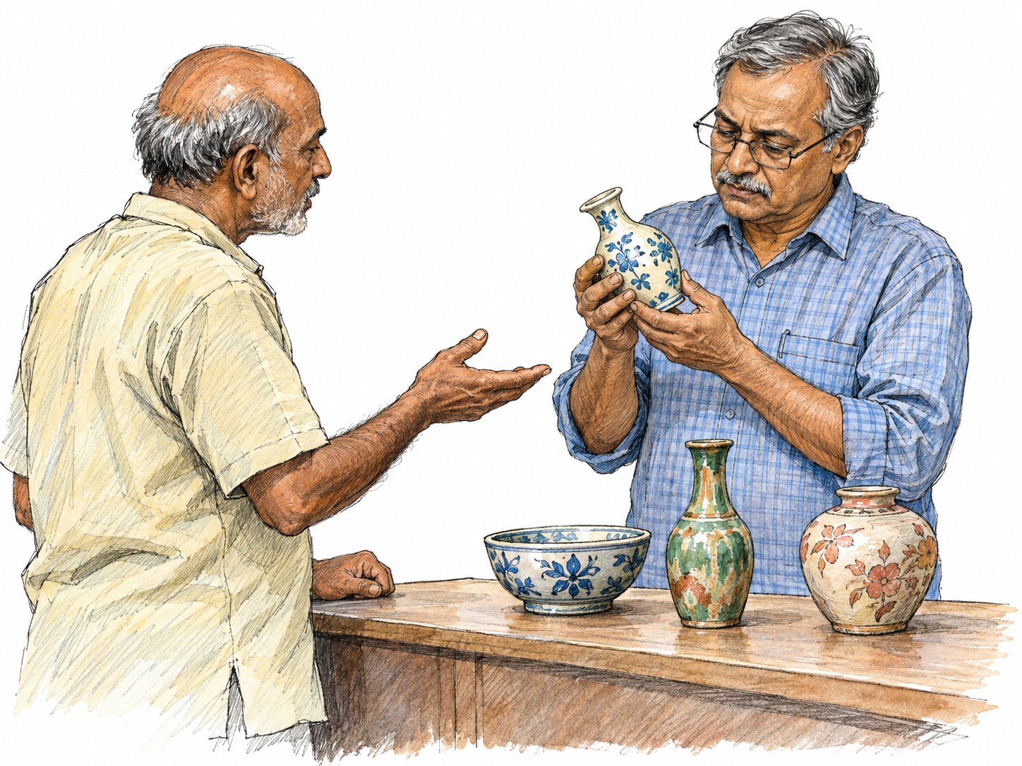 An older South Asian male secondhand-goods dealer inspects a small ceramic vase offered by an older South Asian male customer, with a few other ceramics arranged for sale on the dealer’s counter.