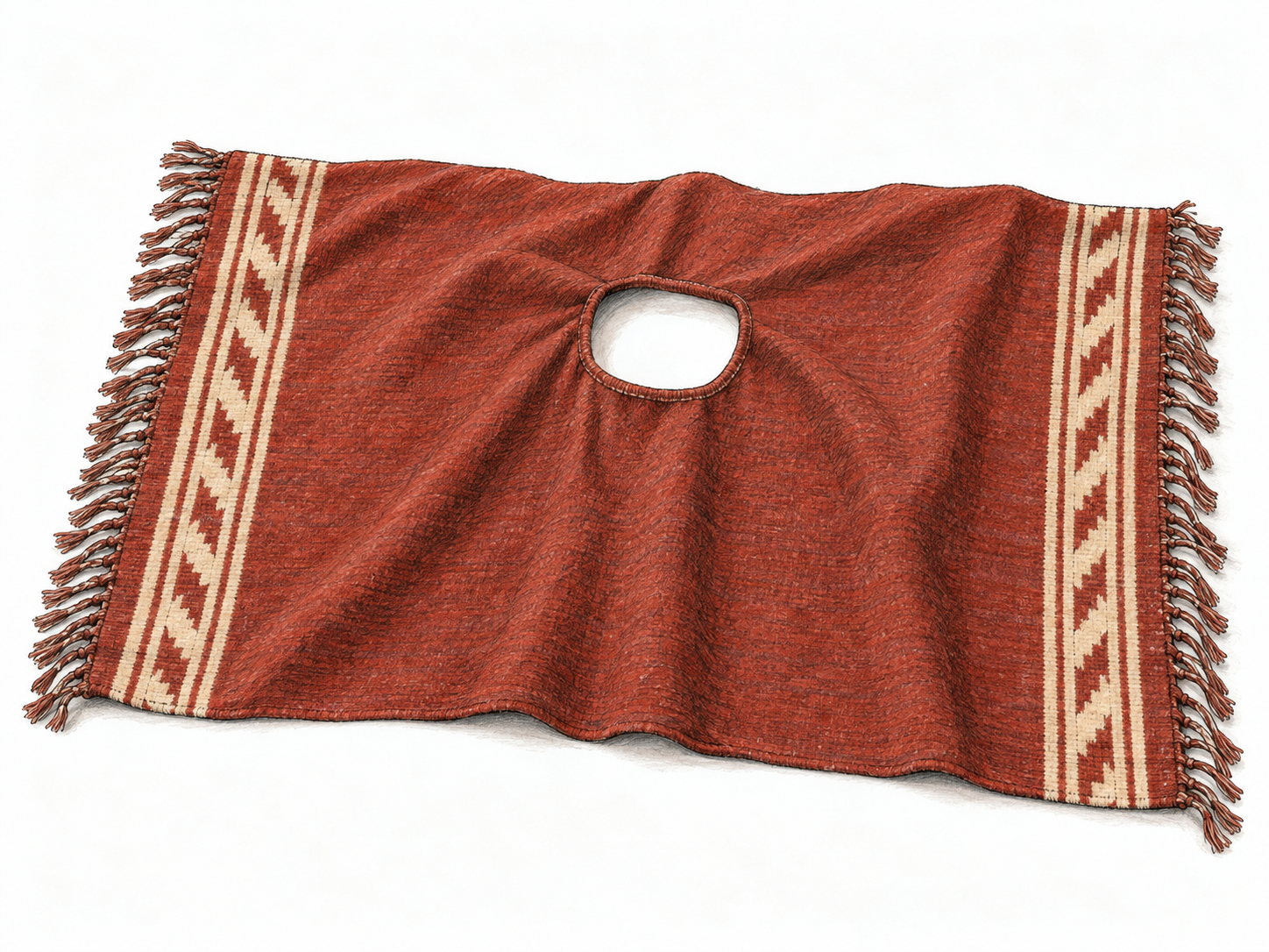 A single woolen poncho laid loosely flat, clearly showing its blanketlike rectangular shape and central head opening.